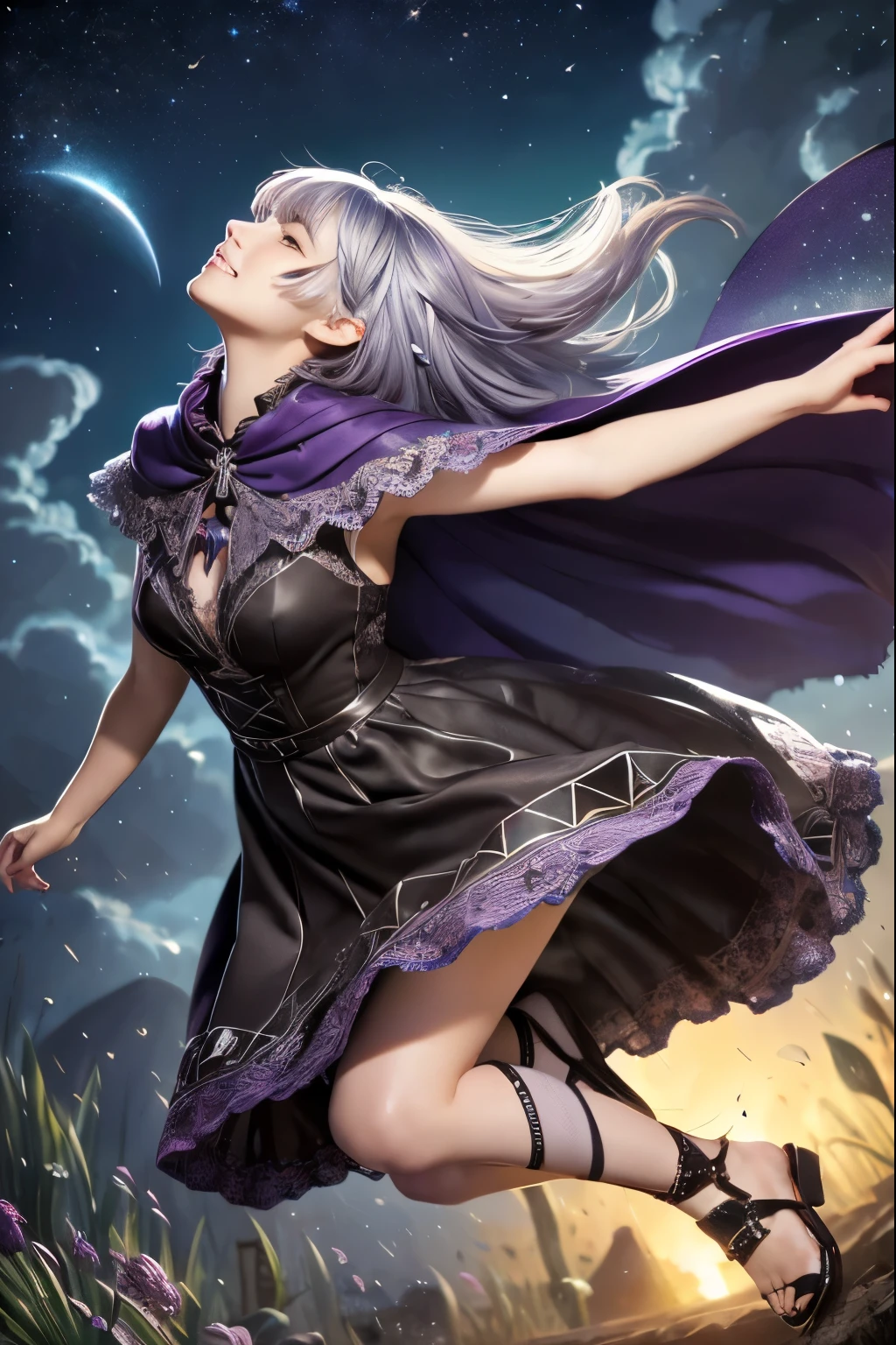 (Ultra detailed face, smile), (Fantasy Illustration with Gothic & Ukiyo-e & Comic art), ( She has silver hair  , Short bangs,   A young dark elf woman with very long disheveled hair and dark purple skin, Lavender eyes), (  she has a colorful scarf  ,  and wears lace  , Geometric orange cape dress, And laced sandals), break (  She's dancing flamenco in heavy rain  ,  Looking Up at the Sky ,   jumping and spinning a lot  , Bold poses.   Her body shines  )