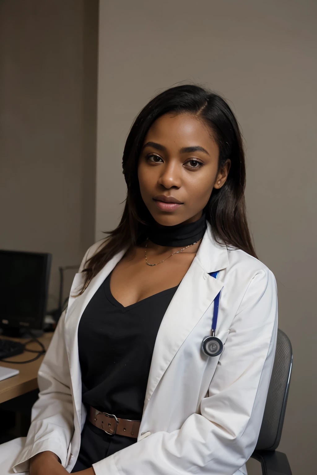 there is a young girl in a white dress posing for a picture, wearing a labcoat, dressed in a new white coat, wearing a lab coat, with a lab coat, wearing a white lab coat, wearing lab coat, wearing lab coat and a blouse, light skinned african young girl, african american girl, white coat, closeup portrait shot, labcoat
