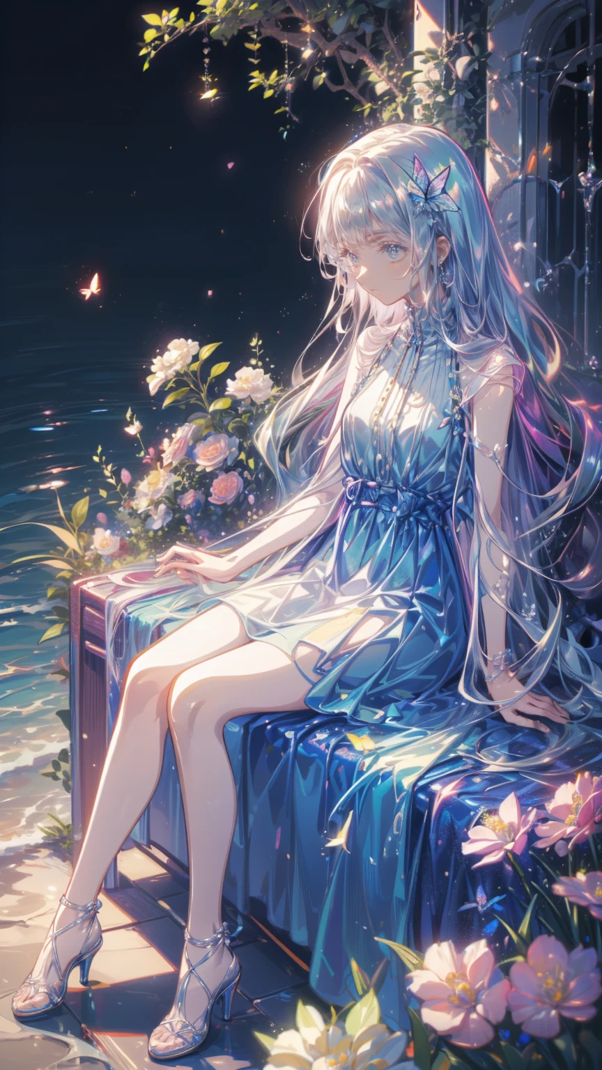 (masterpiece: 1.2), (  very detailed: 1.2), (  very detailed CG: 1.2), ( High image quality : 1.2), (最 High image quality ), 8k,   anime illustration,   girl sitting in a field of flowers , butterfly with a slightly sad expression々View、((There&#39;Butterflies on my fingers 々))、Butterflies fluttering々dance、Beautiful work
