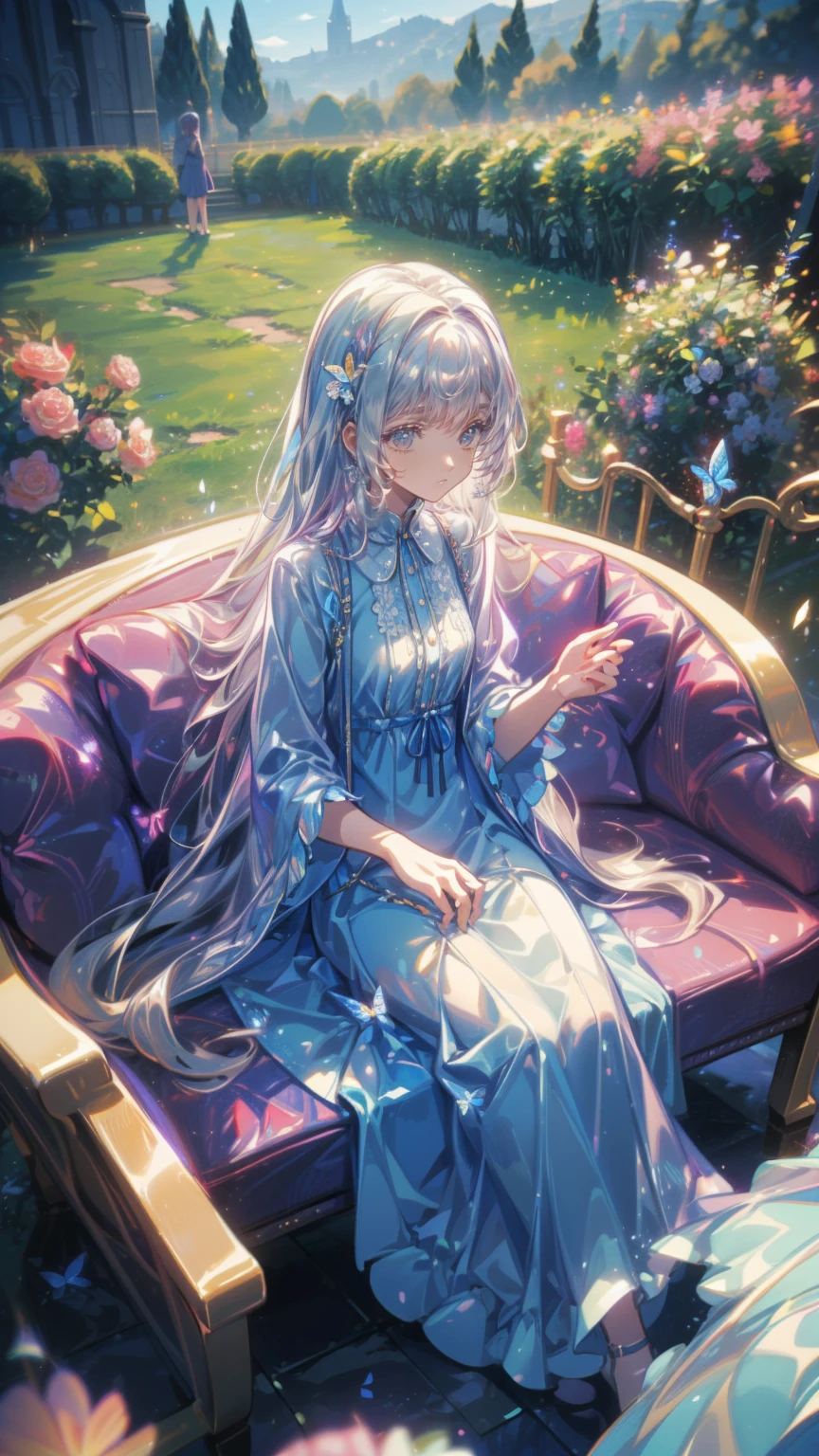 (masterpiece: 1.2), (  very detailed: 1.2), (  very detailed CG: 1.2), ( High image quality : 1.2), (最 High image quality ), 8k,   anime illustration,   girl sitting in a field of flowers , butterfly with a slightly sad expression々View、((There&#39;Butterflies on my fingers 々))、Butterflies fluttering々dance、Beautiful work
