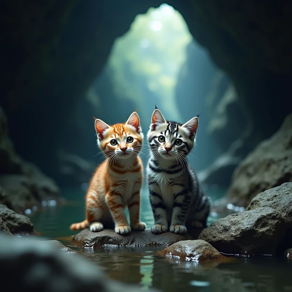  The Underworld Where You Can't Even See the Sun 、Limestone cave、Stagnant Air 、Realistic、The cutest brown tiger pattern kitten in the world and the gray tiger pattern kitten stand together、Bold composition、Cinematic lighting、Underground Lake、 Mysterious Atmosphere 