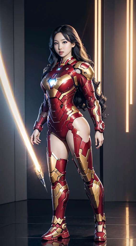 Full Body Photo. Studio Background. 8k HD good quality image. Hot Korean woman has an ideal body, big breast, big butt, sexy wavy body, straight long hair, wearing a Golden Iron Man armor without the helmet. FULL BODY FROM HEAD TO TOE. Standing in a FULL HEIGHT FROM HEAD TO TOE. 

The picture must show a complete head to toe picture of the hot Korean