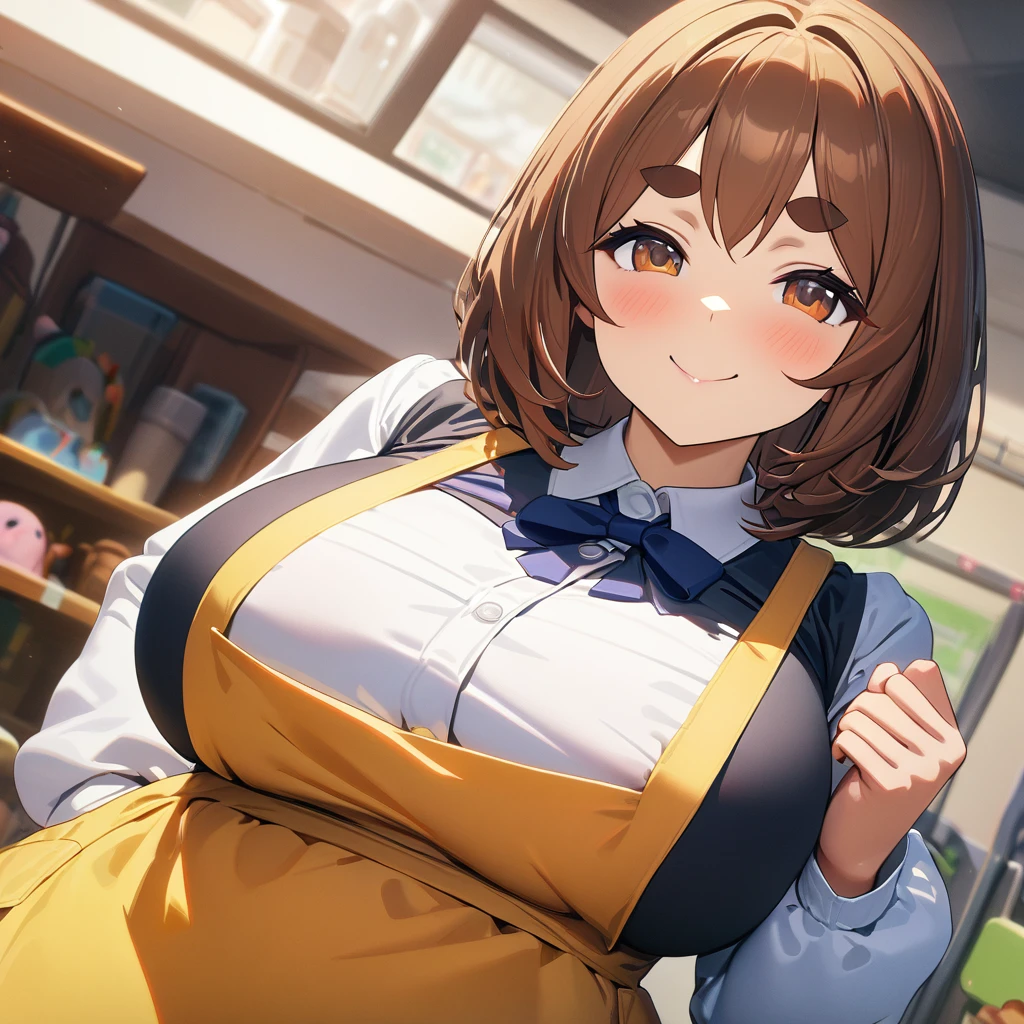 1girl,solo,brown hair color,short hair,brown eyes color,bushy eyebrows,Plain white garment with long sleeves and a layered yellow apron,mega huge breasts,smile,looking at viewer,in ,UHD,High Resolution,master piece,Best Quality,High Quality,super Details