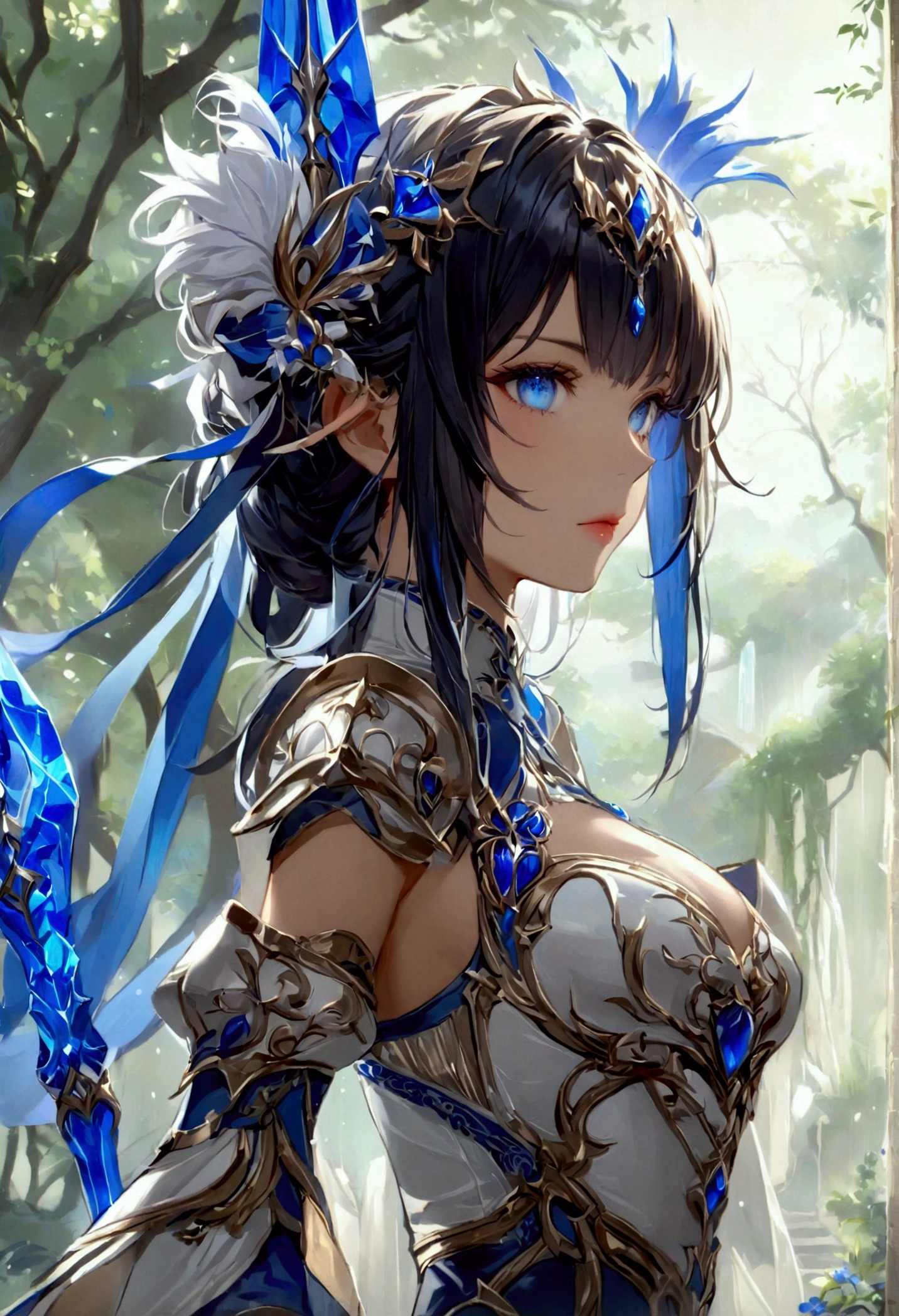 Best Quality、 unity 8k Wallpaper 、32K、masterpiece、 very detailed、Ultra-high resolution、 very detailedな顔, RAW Photos, professional, Fine painting,　length,  straight, Blue-black hair、Platinum tiara with blue gemstones、blue eyes、(Tree Eyes), Cool and sharp features, hime cut, 20～Female magical warrior, About 24 years old.、White breastplate、Blue and 白 leotard、（With side armor and long slits、blue and white decorated china dress）、Semi-puff sleeves with shoulder pads、A large 白 ribbon with a large sapphire on the chest、White and blue long gloves、White and blue thigh-high stiletto boots、She has a spear with a blue blade glowing 、whole body