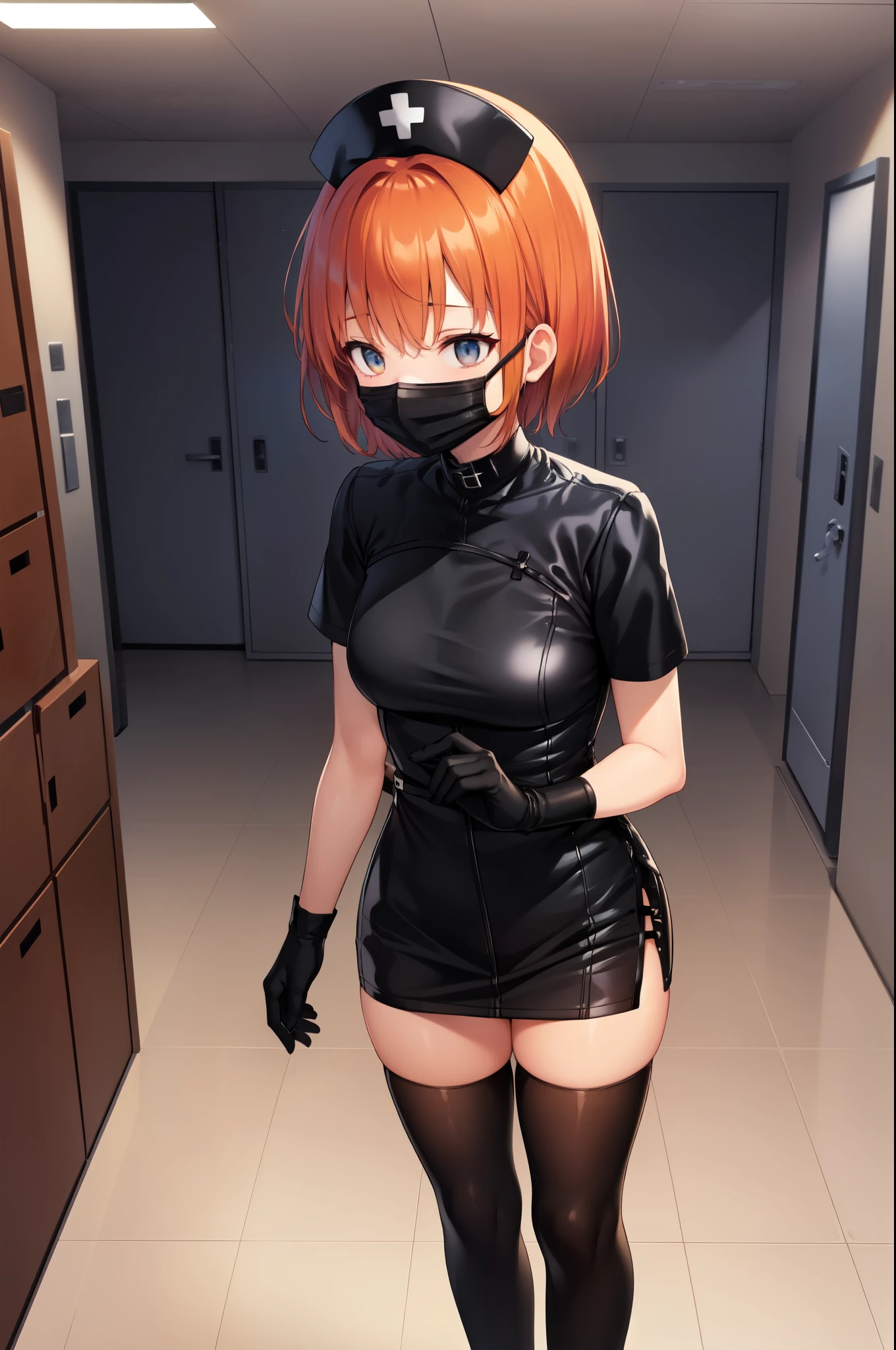 black nurse, 1girl, solo, black nurse cap, black nurse uniform, ((black legwear, zettai ryouiki)), black elbow gloves, very short hair, orange hair, ((black surgical mask, covered nose)), standing, ((surgery room)), sharp outline, short sleeves, tomboy, boyish, best quality, masterpiece