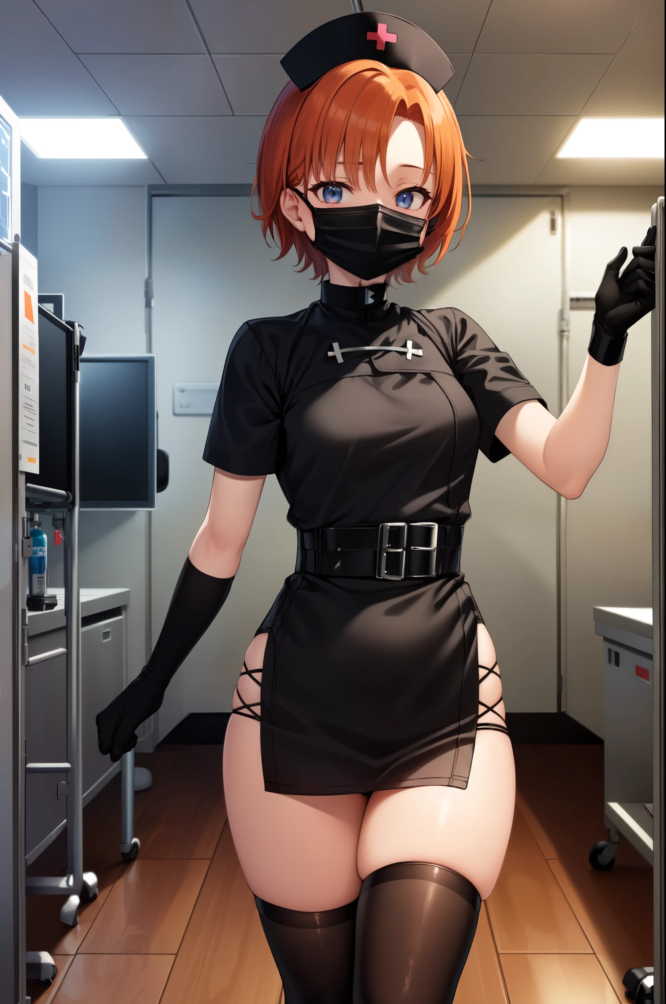 black nurse, 1girl, solo, black nurse cap, black nurse uniform, ((black legwear, zettai ryouiki)), black elbow gloves, very short hair, orange hair, ((black surgical mask, covered nose)), standing, ((surgery room)), sharp outline, short sleeves, tomboy, boyish, best quality, masterpiece