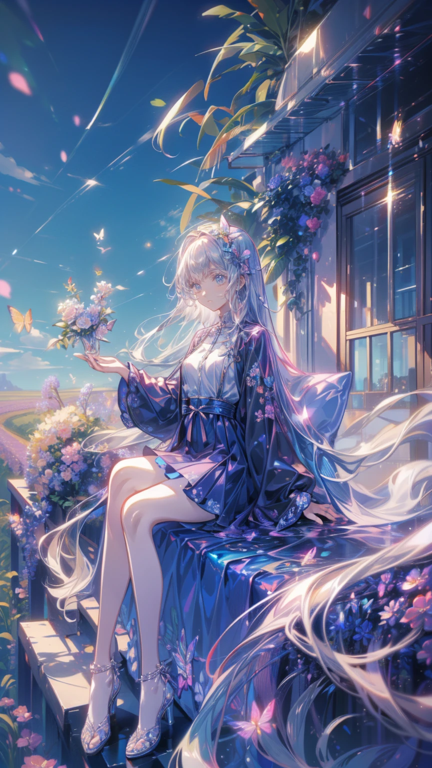 (masterpiece: 1.2), (  very detailed: 1.2), (  very detailed CG: 1.2), ( High image quality : 1.2), (最 High image quality ), 8k,   anime illustration,   girl sitting in a field of flowers , butterfly with a slightly sad expression々View、((There&#39;Butterflies on my fingers 々))、Butterflies fluttering々dance、Beautiful work
