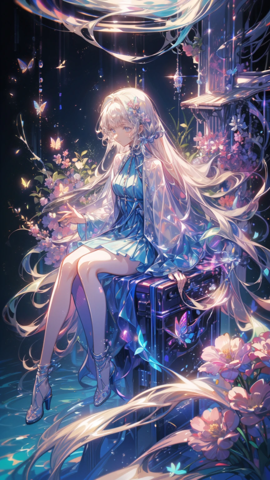 (masterpiece: 1.2), (  very detailed: 1.2), (  very detailed CG: 1.2), ( High image quality : 1.2), (最 High image quality ), 8k,   anime illustration,   girl sitting in a field of flowers , butterfly with a slightly sad expression々View、((There&#39;Butterflies on my fingers 々))、Butterflies fluttering々dance、Beautiful work
