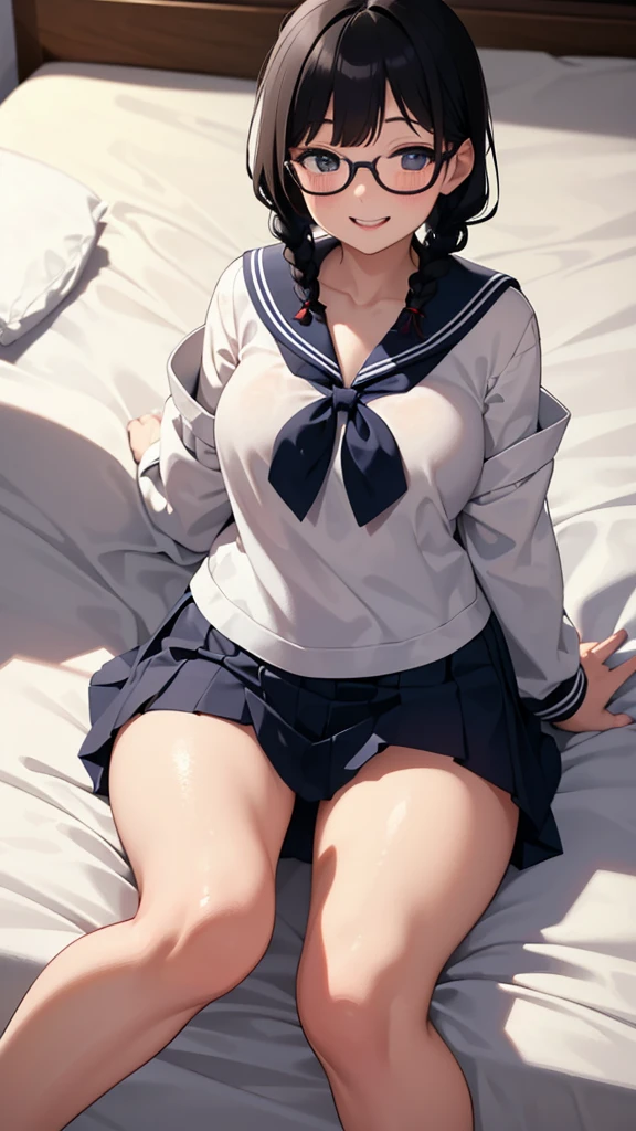 masterpiece, 8k, black hair braid glasses, fun cute, Smiling Girl,  elementary school students,  sailor suit navy blue pleated skirt, fine, Completely naked, No underwear, , Young, Sitting on the bed with legs apart, Showing anus