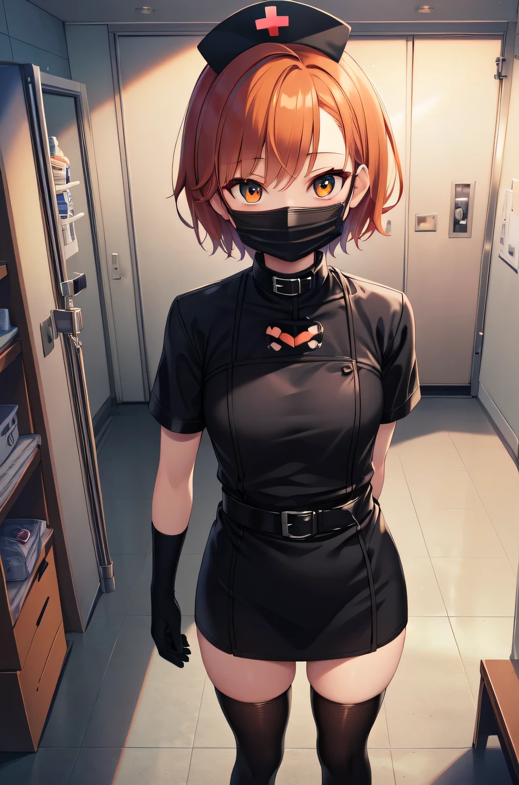 black nurse, 1girl, solo, black nurse cap, black nurse uniform, ((black legwear, zettai ryouiki)), black elbow gloves, very short hair, orange hair, ((black surgical mask, covered nose)), standing, ((surgery room)), sharp outline, short sleeves, tomboy, boyish, best quality, masterpiece