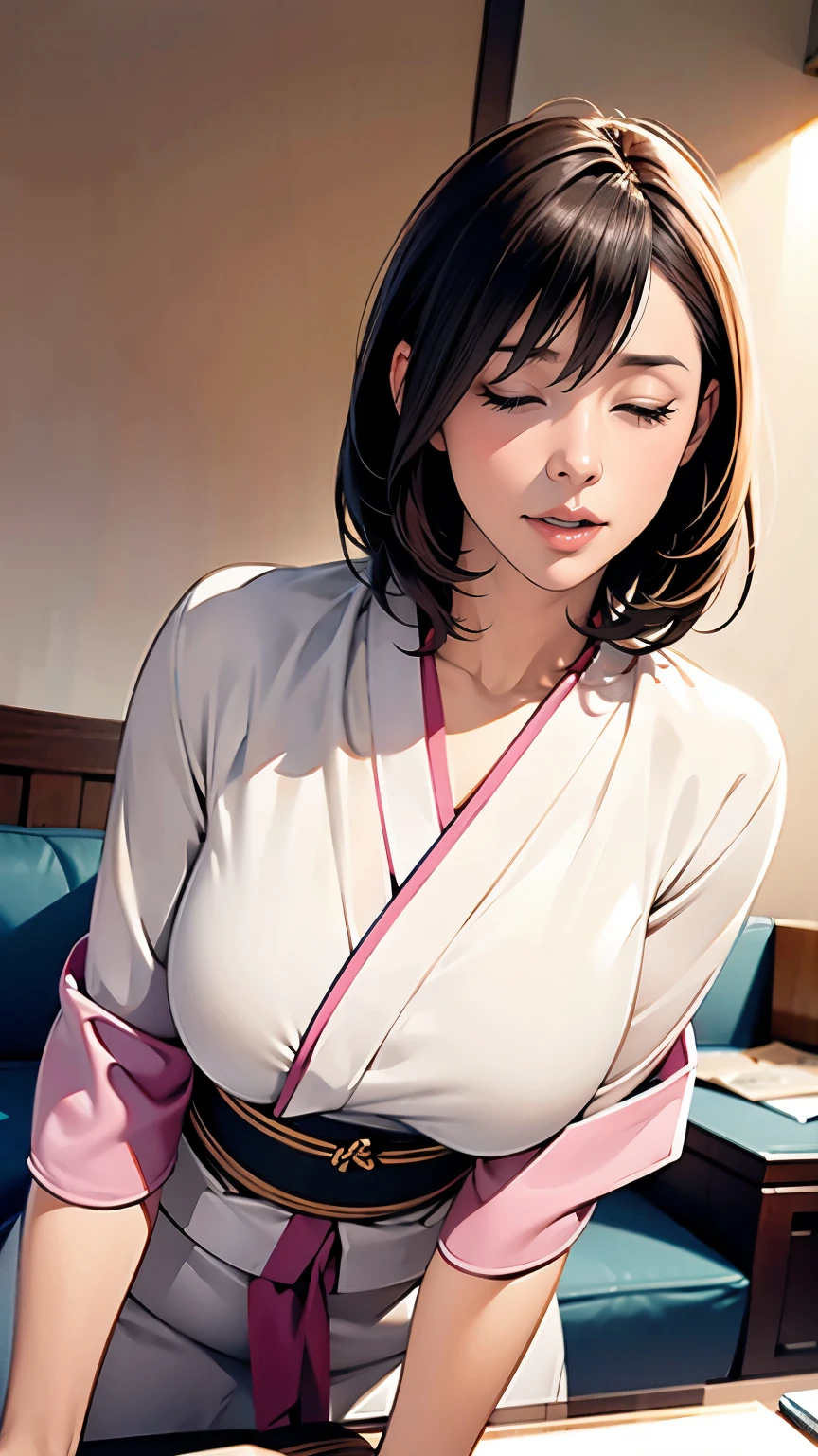((safety Sensors、safety、safety、Absolute safety、Everyone)) 、masterpiece, highest quality, Detailed face, Fine grain, withdraw, ponytail, Ribbed sweater dress、Sitting on a pink love hotel bed, Heavy makeup、((Sweating and blushing, Super big , Biting a condom, holding a condom with semen on it, Condom on chest, Used condom))、Detailed and complete characters、Age 34、sexy milf, Beautiful Japanese Women、((pov:1.8))、Top view、From head to toe、