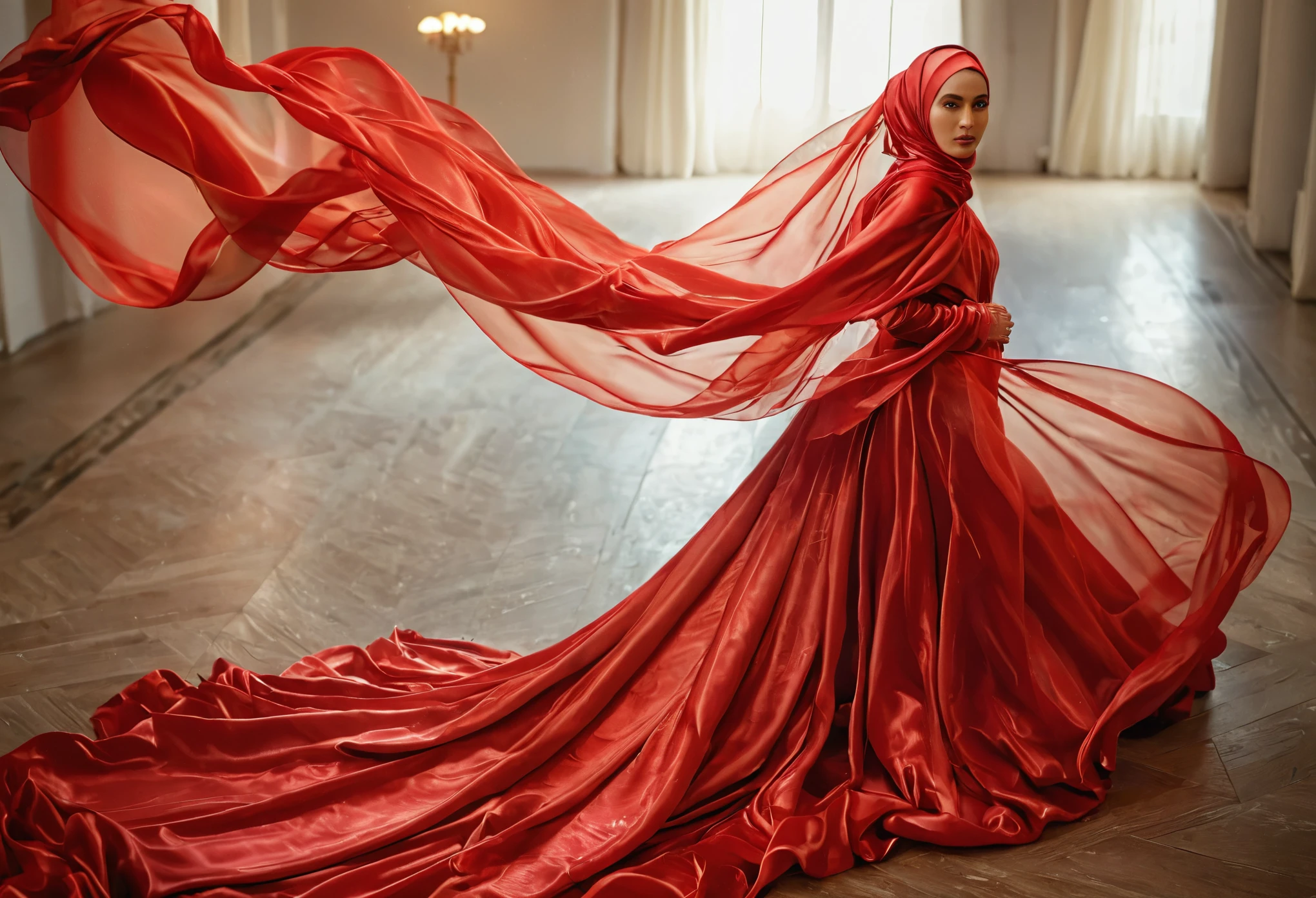 woman shrouded in a 10-meter-long, plush semi transparent red satin shimmer cloth, tightly bound and grandly draping along the form of her body, flowing off into a pooled floor-length train, styled in a mermaid-inspired outfit, her head modestly veiled in a satin hijab,walk in, a full-body pose conveying a sense of mysterious elegance, captured in a 4k resolution, ultra-realistic, (best quality,4k,8k,highres,masterpiece:1.2),ultra-detailed,(realistic,photorealistic,photo-realistic:1.37),HDR,UHD,studio lighting,ultra-fine painting,sharp focus,physically-based rendering,extreme detail description,professional,vivid colors,bokeh,portraits,fantasy,cinematic lighting
