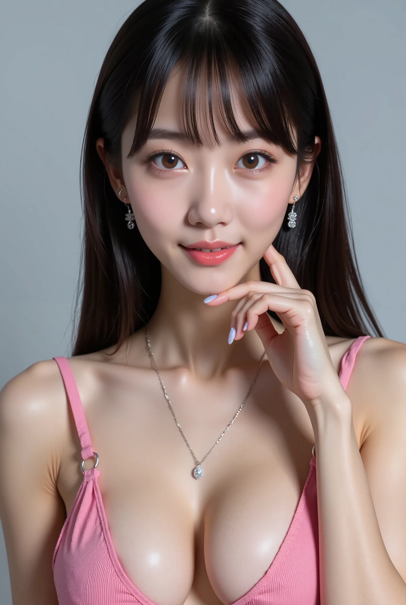 (16k, Surreal, masterpiece:1.30),  Professional Photo,  with a large jump, Deep Shadow、Cinema Lighting, Soft light, (Ultra-detailed beautiful faces:1.7), ((Ultra-detailed beautiful slim body:1.4)), (( very fine symmetrical brown eyes , eyelash, double eyelid, Ultra-detailed美しい目:1.4)), ((Ultra-detailed beautiful lips, Lip gloss, Ultra-detailed beautiful skin:1.4)), (( super detailed and beautiful hairstyle ,,  asymmetrical bang :1.4)), (( Perfect Anatomy:1.15)), Beautiful Japanese female idols, (Ultra-detailed, Glowing Oily Skin:1.5), ( viewers:1.3), (The best smile:1.3), ((Ultra-detailed beautiful breasts, E-cup cleavage:1.4)),  small diamond earrings ,  small diamond necklace , (Deep V-neck), (Mini Dress:1.3), ((Shoulder Bare:1.3)) ,See-through clothing, (( super tight outfit that fits the skin 1.3)), (Slime Costume:1.3), liquid, (顔にはliquidが無し), Random Pause, Neon Colors