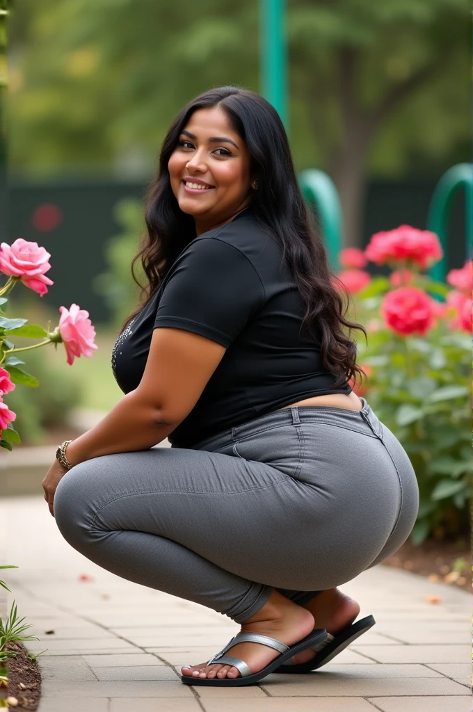 Ebony chubby African girl, huge tits, huge saggy tits, deep, natural, with a beautiful face, laughing and showing her white teeth, lots of details, plus a big arse, fat arse, red hair, blue eyes, in jeans hotpants and a pink strappy top and hot patent platform high heels, with a 10 cm thick sole in front and a slim stiletto heel, squatting in the park, looking at the big arse from behind.