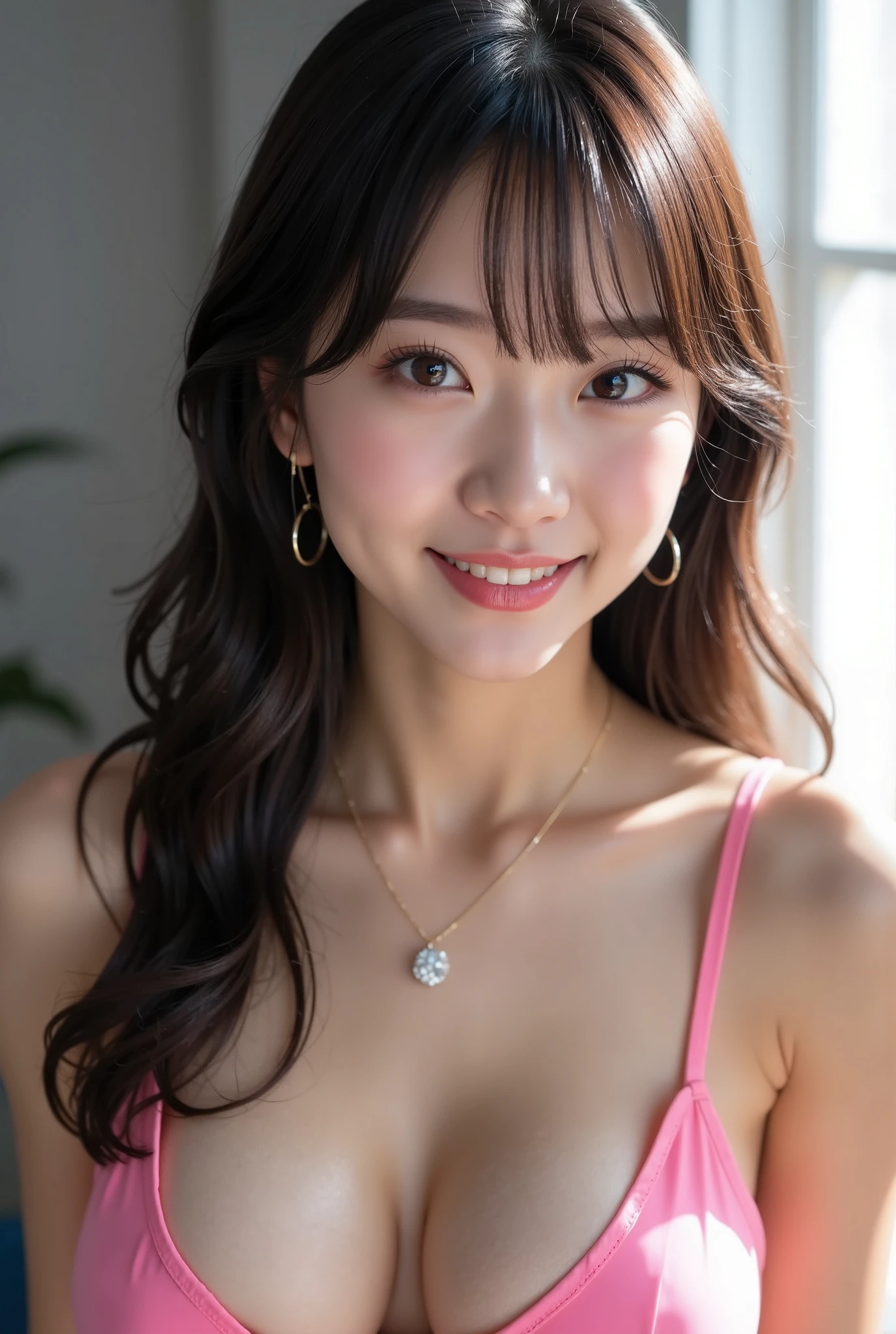 (16k, Surreal, masterpiece:1.30),  Professional Photo,  with a large jump, Deep Shadow、Cinema Lighting, Soft light, (Ultra-detailed beautiful faces:1.7), ((Ultra-detailed beautiful slim body:1.4)), (( very fine symmetrical brown eyes , eyelash, double eyelid, Ultra-detailed美しい目:1.4)), ((Ultra-detailed beautiful lips, Lip gloss, Ultra-detailed beautiful skin:1.4)), (( super detailed and beautiful hairstyle ,,  asymmetrical bang :1.4)), (( Perfect Anatomy:1.15)), Beautiful Japanese female idols, (Ultra-detailed, Glowing Oily Skin:1.5), ( viewers:1.3), (The best smile:1.3), ((Ultra-detailed beautiful breasts, E-cup cleavage:1.4)),  small diamond earrings ,  small diamond necklace , (Deep V-neck), (Mini Dress:1.3), ((Shoulder Bare:1.3)) ,See-through clothing, (( super tight outfit that fits the skin 1.3)), (Slime Costume:1.3), liquid, (顔にはliquidが無し), Random Pause, Neon Colors