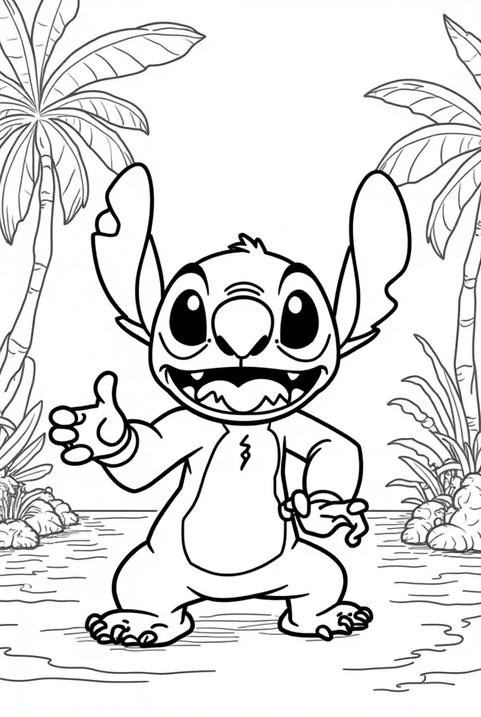 black and white line drawing of Stich smoking