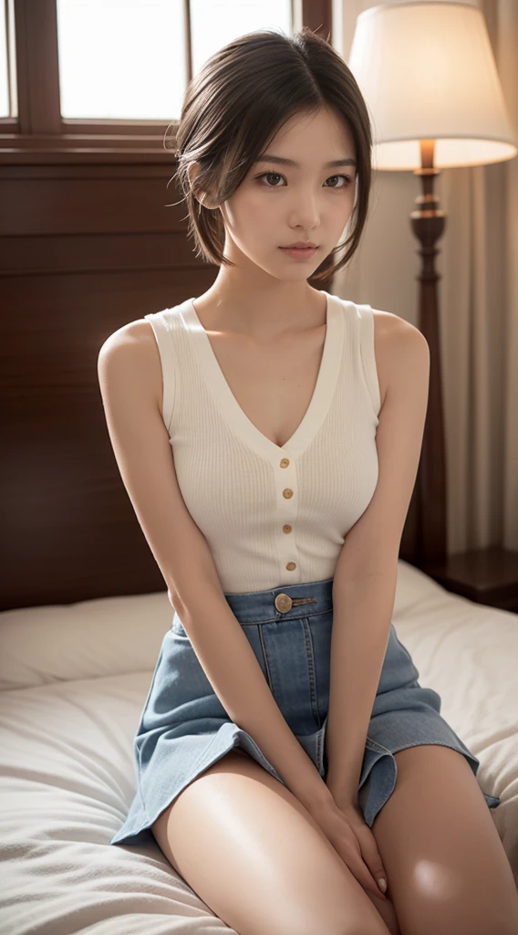 (Raw photo, Best Quality), (Realistic, Photorealsitic:1.3), masutepiece, extremely delicate and beautiful,Soft light, (Brown hair, Short hair, Bangs), Beautiful detailed girl, Detailed fingers, extremely detailed eye and face, beautiful detailed nose, Beautiful detailed eyes, 1 girl, Cute, 年轻, Silk Collar Shirt, Denim jeans, pale skin, (Half body:1.3, Sitting), (medium breasts), Realistic face, Realistic body,