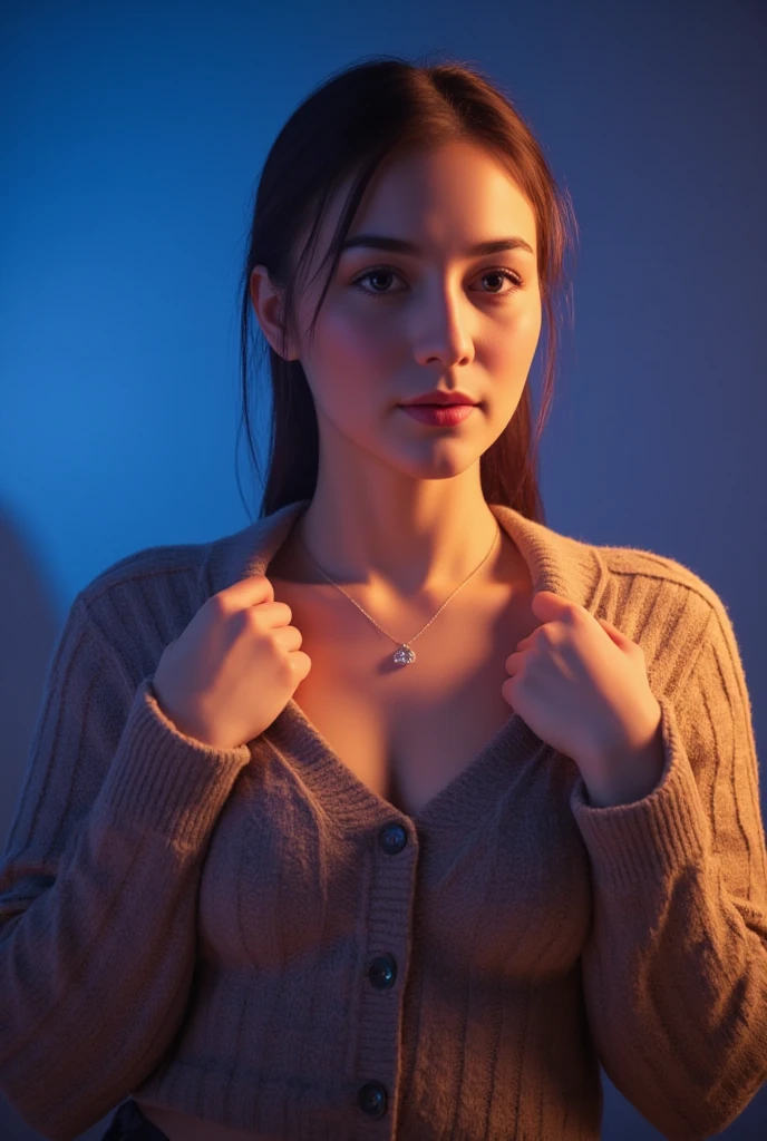 A masterpiece of digital art, rendered in stunning 4K resolution, features a breathtakingly beautiful girl posing serenely. Her face glows with a subtle sheen, her eyes sparkling like polished gemstones. She wears a fitted sweater that hugs her curves, the intricate folds and texture meticulously detailed. A delicate necklace adorns her neck, its facets catching the dramatic lighting, which casts a warm glow on her porcelain skin. The background is a soft, gradient blue, subtly blending into the edges of the frame. Every aspect of this artwork exudes ultra-detailed realism, with vibrant colors that seem to leap off the screen.