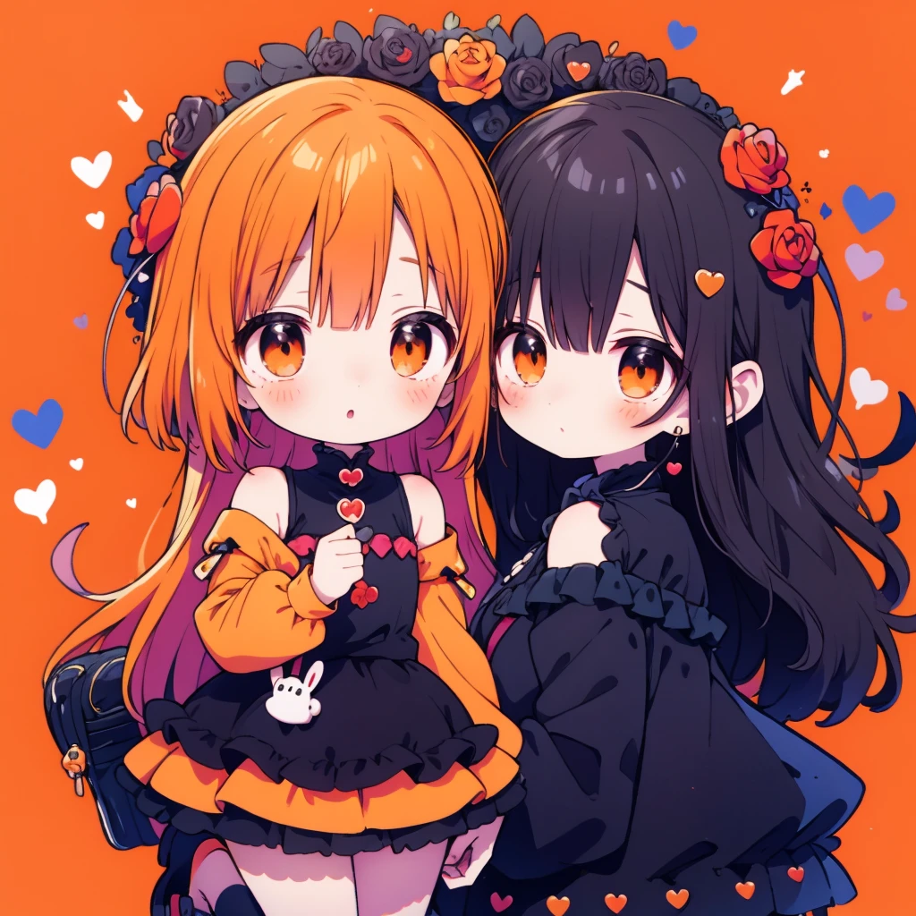 Attractive face、Chibi、Orange Background、Black clothes、Long sleeves with flared cuffs、Shoulders are exposed、One piece flare skirt、Rabbit with stuffed toy、black and orange neon palette、Gothic Shoes、Positive、Black Rose、🌙、 Perfect Anatomy、heart、