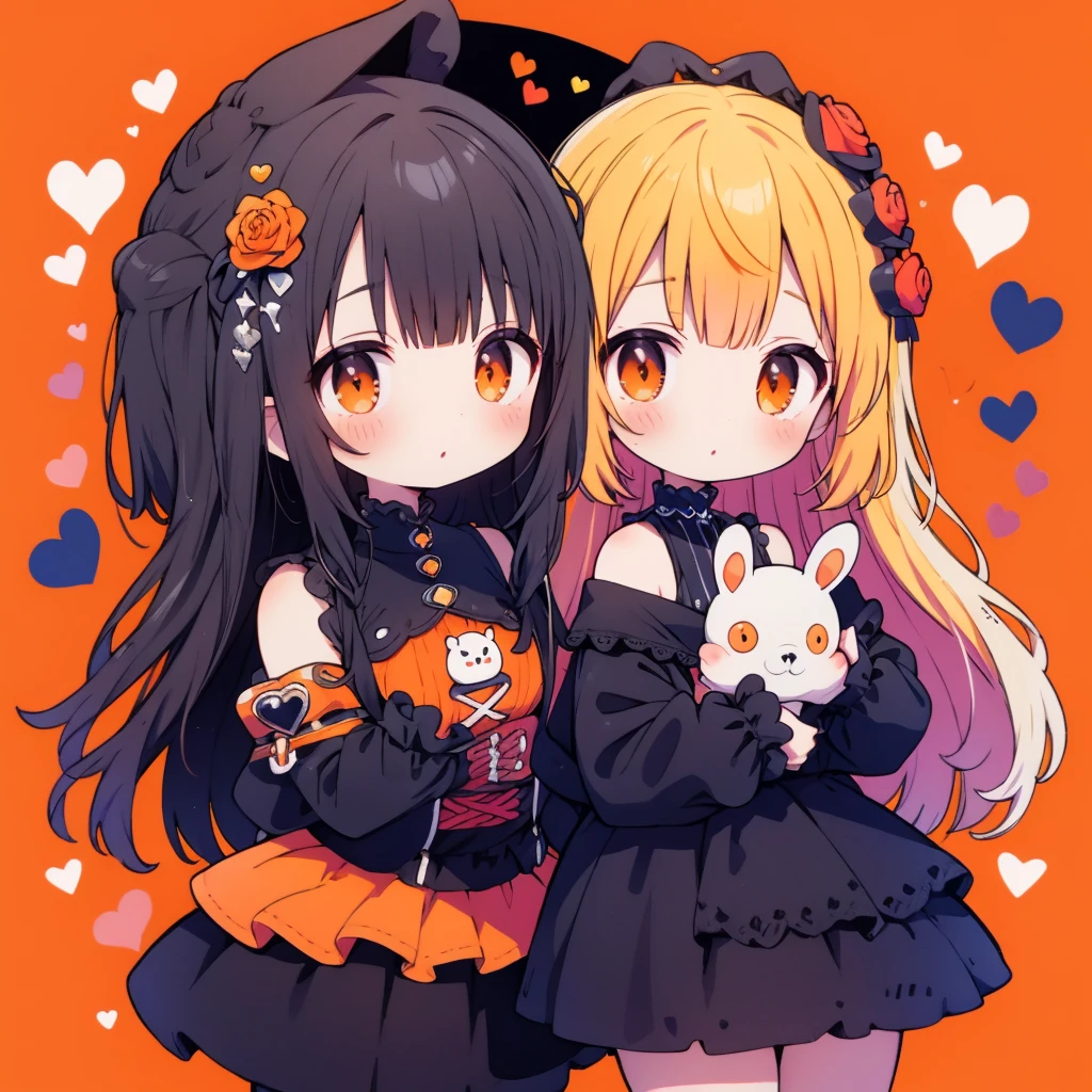 Attractive face、Chibi、Orange Background、Black clothes、Long sleeves with flared cuffs、Shoulders are exposed、One piece flare skirt、Rabbit with stuffed toy、black and orange neon palette、Gothic Shoes、Positive、Black Rose、🌙、 Perfect Anatomy、heart、