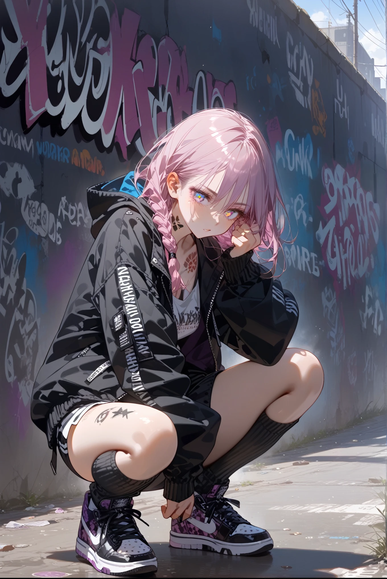 Step Piece, Best Quality, Best Illustration, Ultra-detailed,girl, pinkrose long hair, crazy baddie girl, Cool Black Open Short Jacket, neck tattoo, Messy Fade Cut Hair, Side braided hair,Crazy, standing with an eerie feeling, abandond street graffiti wall background,knee high socks, quirky sneakers, Eyeshadow on the eyes,unusual colored eyes, Eyes of fear, Vivid eyes, cool shot,Dynamic pose,squat down
