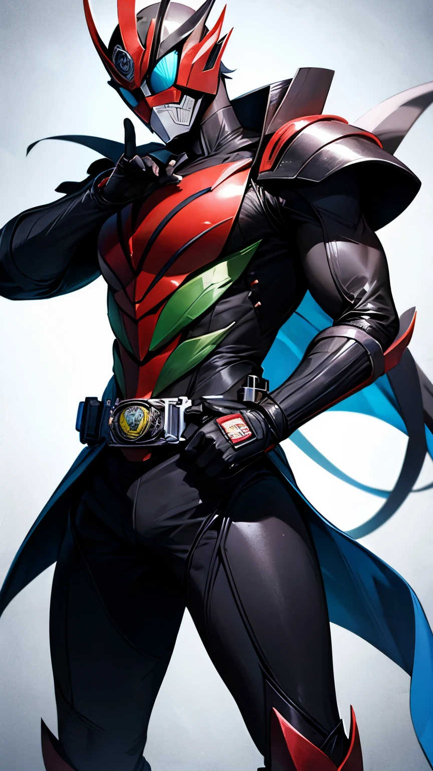Cartoon of a black uniform super villain man with bright red details with