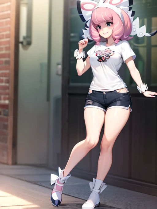 Clear (Pokémon)，(((Clear Pokémon)))，One Girl、  Are Looking At Me With a Smile 、Small Face、  Pink Hair，slender、short，Big Breasts、Huge breasts ，Big Ass，Slim and beautiful legs、narrow, Narrow waist,、Young Face， Mogdan Style ，Long knee-high socks，shorts，short sleeve shirt， White Fluffy Jacket，milf