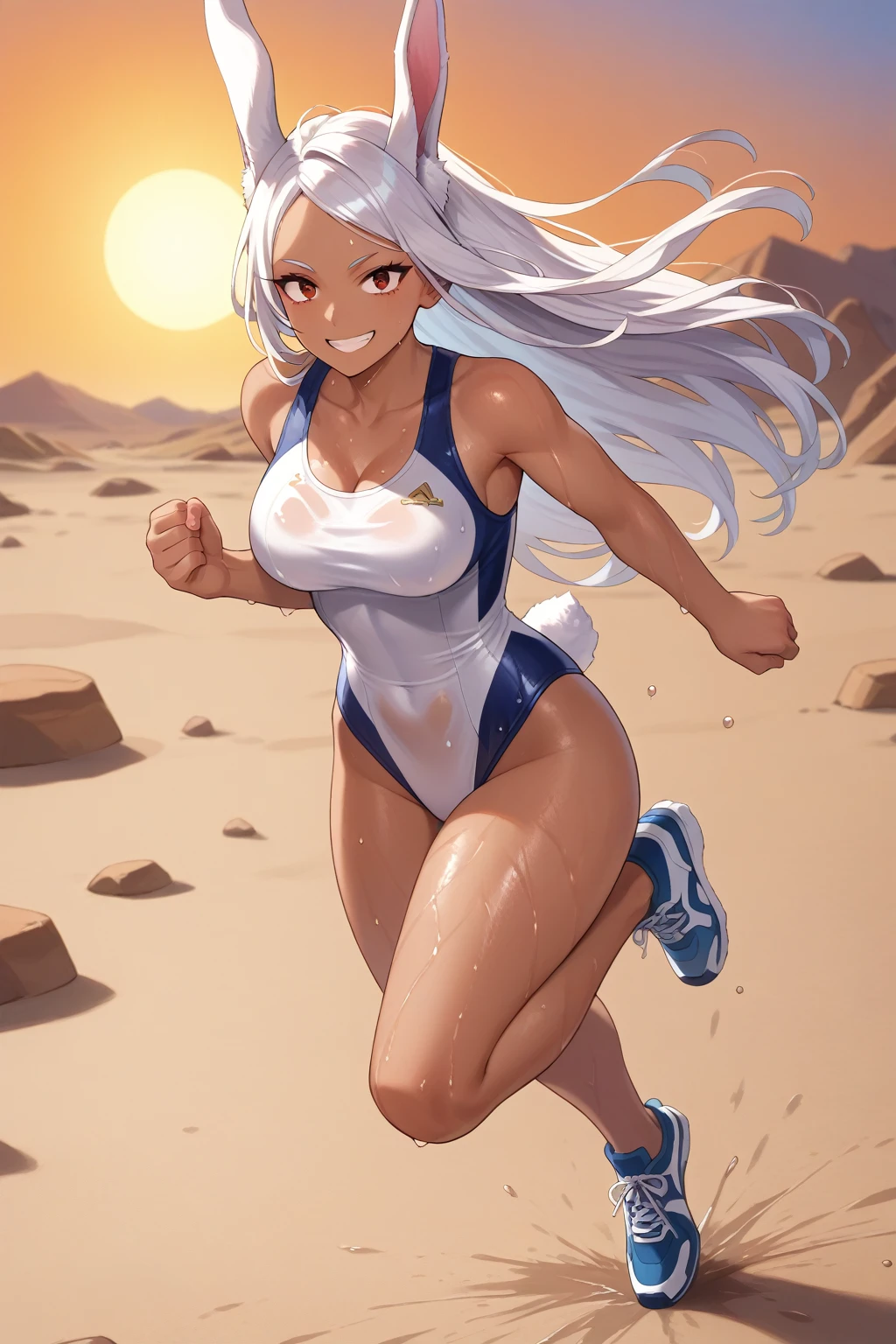 Image of Myrko (My Hero Academy),long hair, red eyes,sexy, tanned skin,tense expression, long white hair, big breasts, white swimsuit, (( rabbit ears), thick thighs, Full Legs.smile,Alone.running.  perfect anatomy.wet, she is running along Route 66 in the middle of the desert,illuminated by the light of the setting sun 