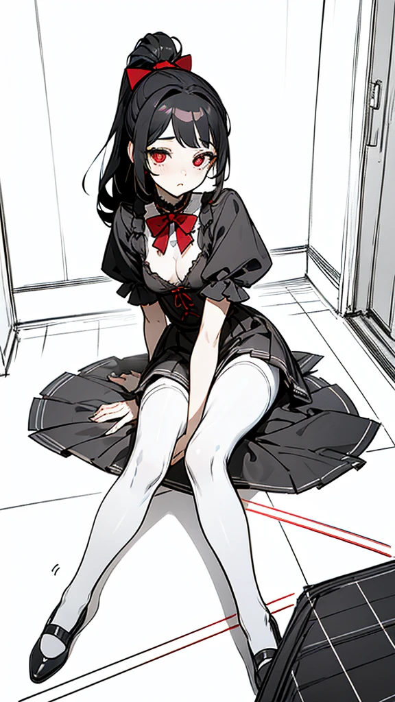 1girl,solo, blunt-bangs,19 years old,short-hair,large_breasts,black-hair,red-eyes, white_lace_camisole,light-blue_frilled-skirt,white_sandals,