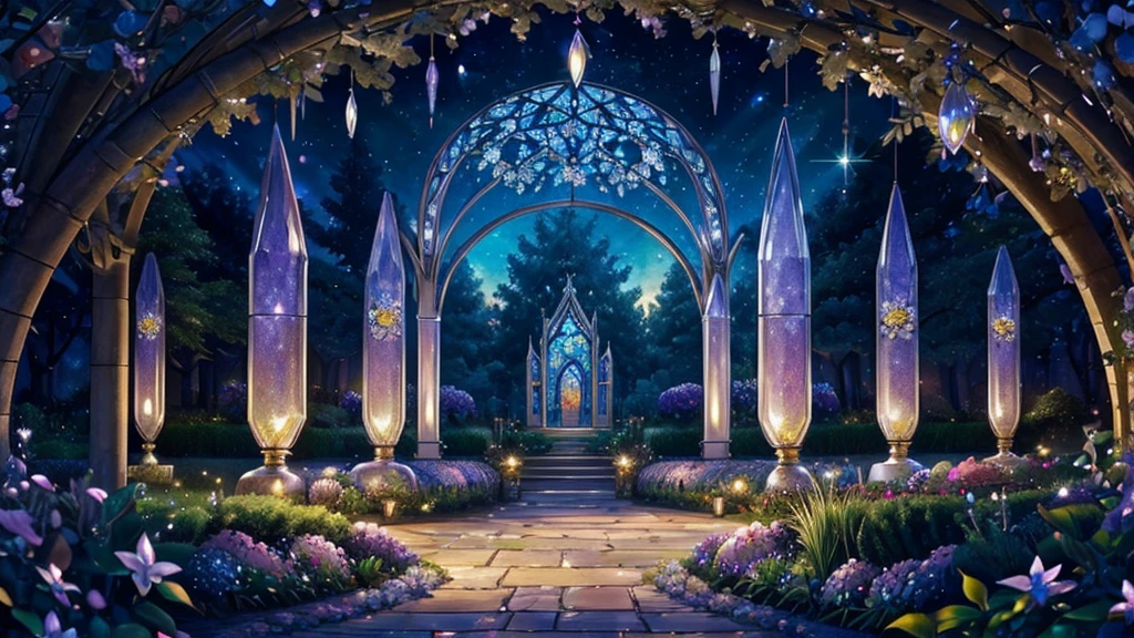 ((masterpiece)),((Best Quality)),(( high detail)), background, nobody, fantasy, Elf Country, Gem Trees , curved design, Delicate decoration,  Crystal Ornaments , Colorful flowers,  Pastel Wind, Beautiful Garden, Starry Sky, Stained Glass