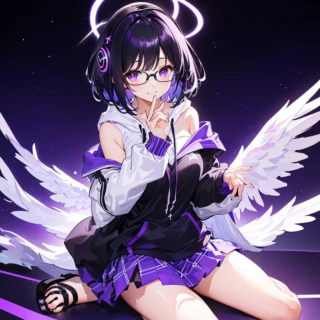  simple purple mini skirt 1 .8、curvy1.9、solo2.0((Best Quality)),((Handcrafted)) ((masterpiece)), (detailed)(( anatomically correct)) purple black haired angel girl sandals phone 2.0、white halo 0 .5、Bobcut 1.8、simple black hoodie 1 .6、 black and purple headphones 1 .2、Black-rimmed glasses 2.0、1 .8、1 monitor that emits light.2、Smiling face 1.4、