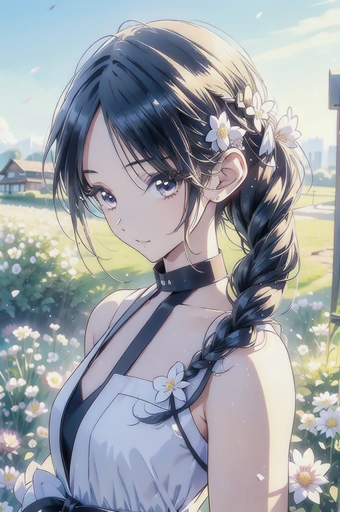 masutepiece, Best Quality,Illustration, Wallpaper, Ultra Detail, Absurd beauty, 1 beautiful girl,  (Semi-long hair, short braided hair), Beautiful ultra-detailed eyes, Hair fluttering in the wind, Keep your head small, flower field, great outdoors, Landscape of the flower garden