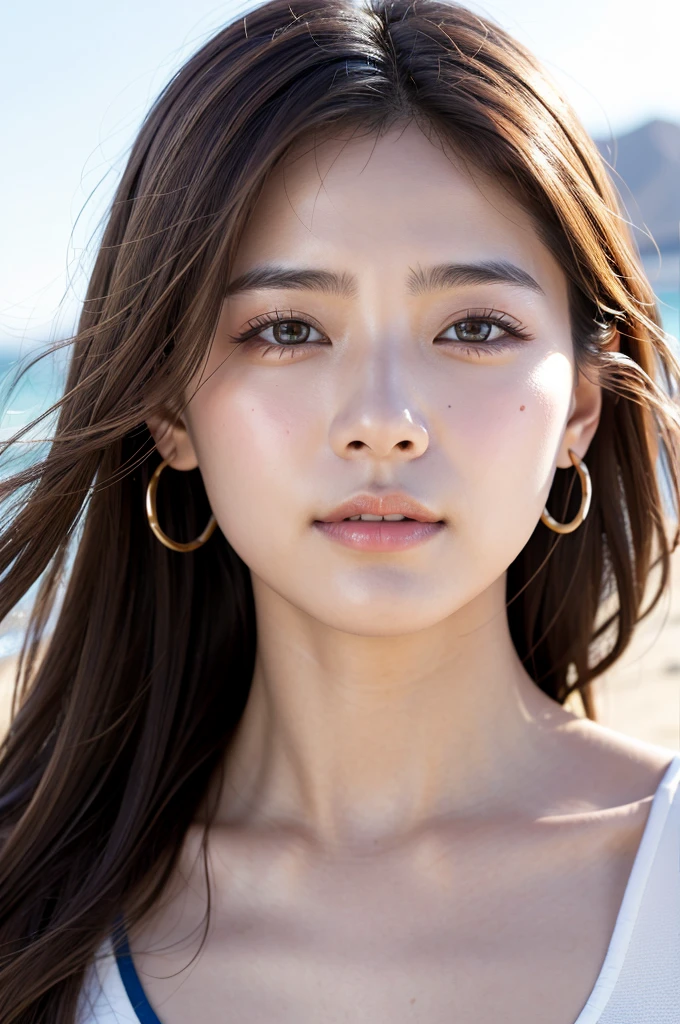 High quality photo taken by 、18-year-old girl、Independent、look forward to、Light eye makeup、Brown Hair Color、flat 、Hair blowing in the wind、Quality of actress、Shiny, Ultra-realistic faces、smileの表情、Teary-eyed、look up、Pleasant lighting effects、  super realistic capture 、 very detailed、 high resolution 16k human skin close-up。Skin texture must be natural、It should be detailed enough to see the pores、The skin is healthy、There must be a unified tone、Use natural light and color、 model agency with the Los Angeles beach in the background&#39;Exclusive photographer、smile