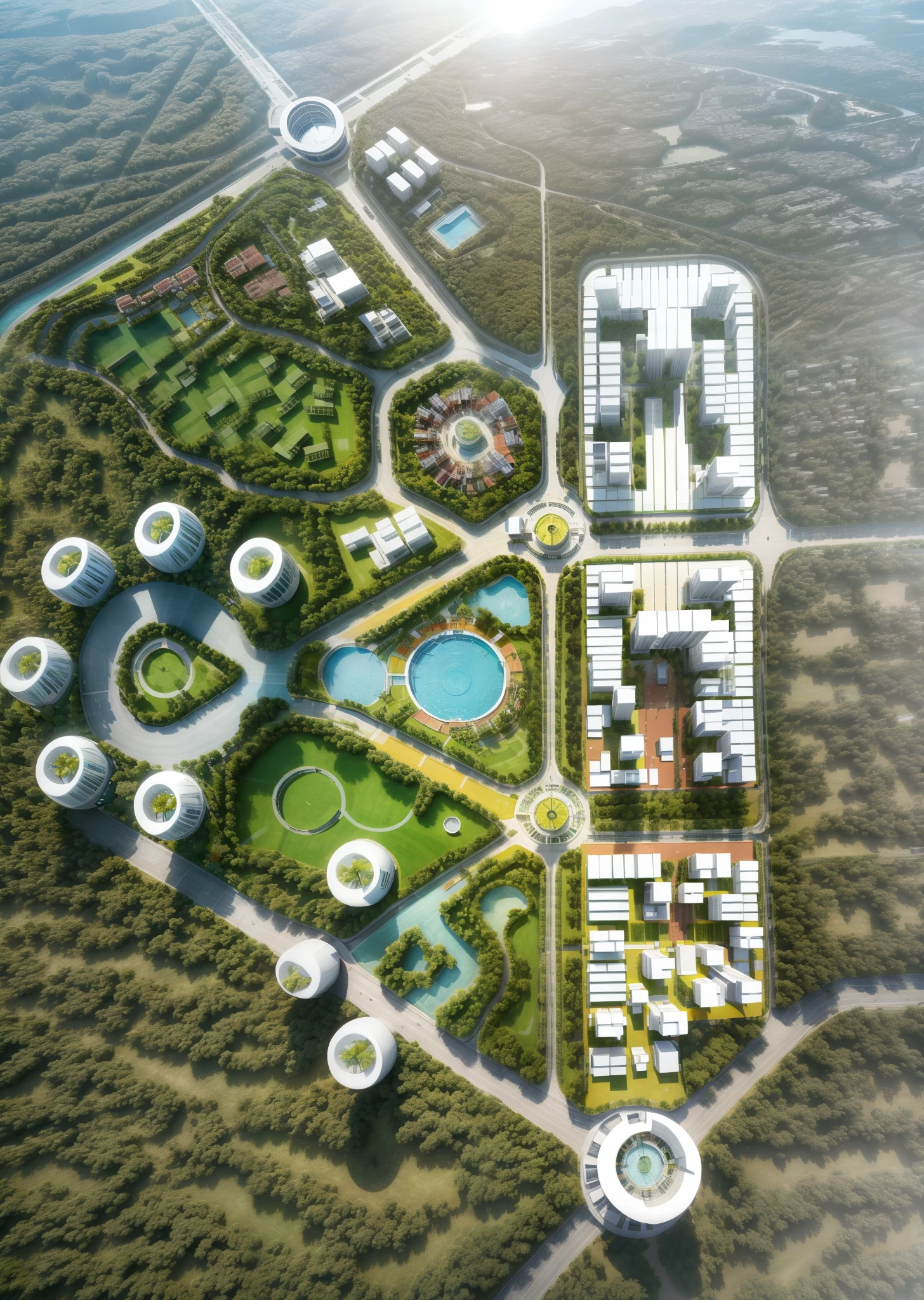 Resort plan by Zaha Hadid, building stripes,  aerial, pools, fountain, game fields people walking around