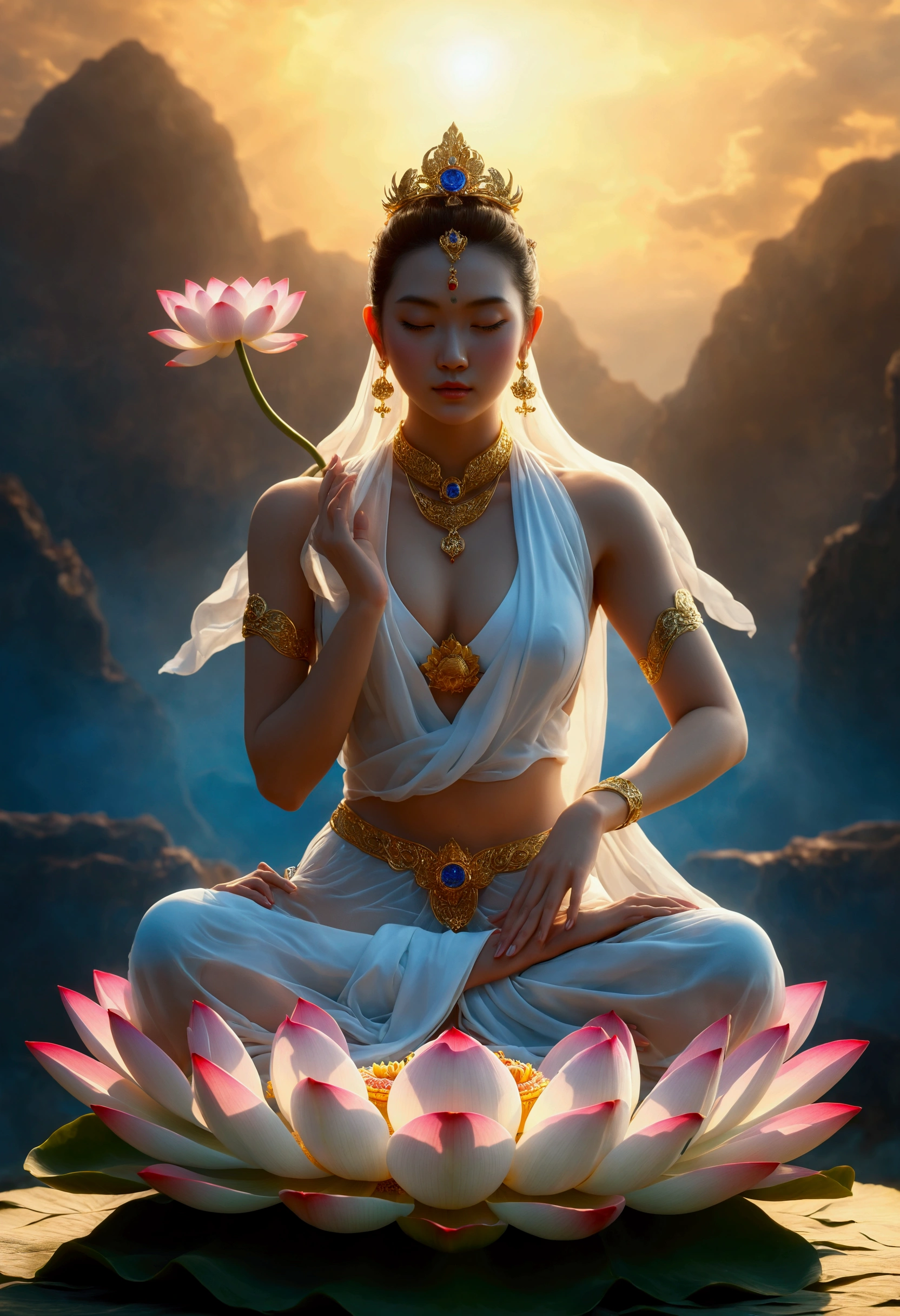 masterpiece, ultra high resolution, A beautiful goddess holding a lotus flower ,Keep your hands outward ,Elegant handprints, open your eyes ,Look at the audience,crown,Jewelry璎珞挂满身体,choker necklace,Yingluo,Jewelry,White clothes,There is a circular light in the background of the head,Blue sky, flat background , clean picture , pure blue sky,Very high detail,Perfect goddess, golden light shines above her head ,Light Solutionalestic, professional photography , ultra high resolution, best quality , Light Solution, 8K, (Realism: 1.2), Satisfied Female Bodhisattva (Halo:1.2),Gold headdress,,masterpiece, best quality , intricate detail ,背景中的灯Halo境,crystal,Future Gate,3D light ,k hd,magic, God of Light , Detailed Specifications,Depth of Field,Soft lighting,Tone Mapping,high,Concept Art,Smoothness,Clarify the focus, dramatic lighting ,high详细的艺术,cinematic ligh,8K,( Highly Detailed Art :1.2) Woman sitting on a lotus flower holding a lotus flower in her hand, (( pink lotus )),