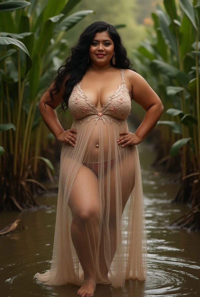 Day scene, A 35 year old beautiful South Indian plus sized woman , cream colour chiffon short skirt and bra wearing women in garden, belly button visible, in a suductive expression full body image, photo taken from distance
