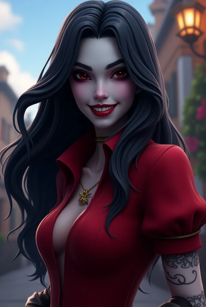 Garota vampiro, roupa vermelha, sorriso malicioso, cabelo longo preto, strapless dress, mostrando grande parte dos seio grandes, decote generoso, bare arms with horror tattoos, Gothic visual, rosto lindo, corpo perfeito