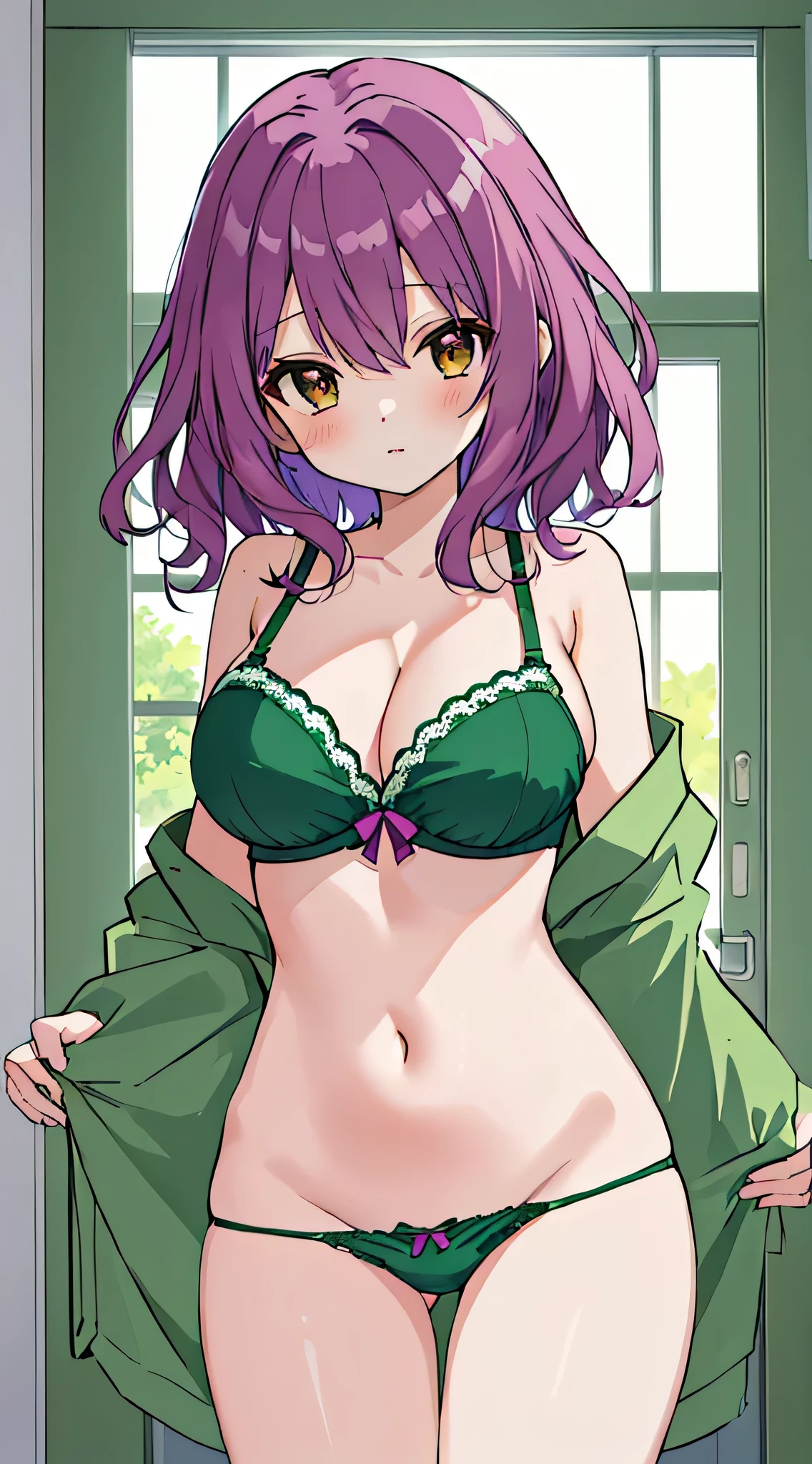 masterpiece、Best Quality、 High Resolution 、1girl、anime girl in a underwear、Alone、Short Hair、Purple Hair、 brown eyes 、Wavy Hair、Green underwear、Green Bra、green panty、Big Breasts、cleavage、 girl with big breasts、 standing、detailed fanart、commission for high res、oc commission、danbooru and artstation、high quality fanart、bra with an green、panty with an green、 Seductive Anime Girls 、looking at viewer、 cowboy shot、Female focus、bra and panty only、
