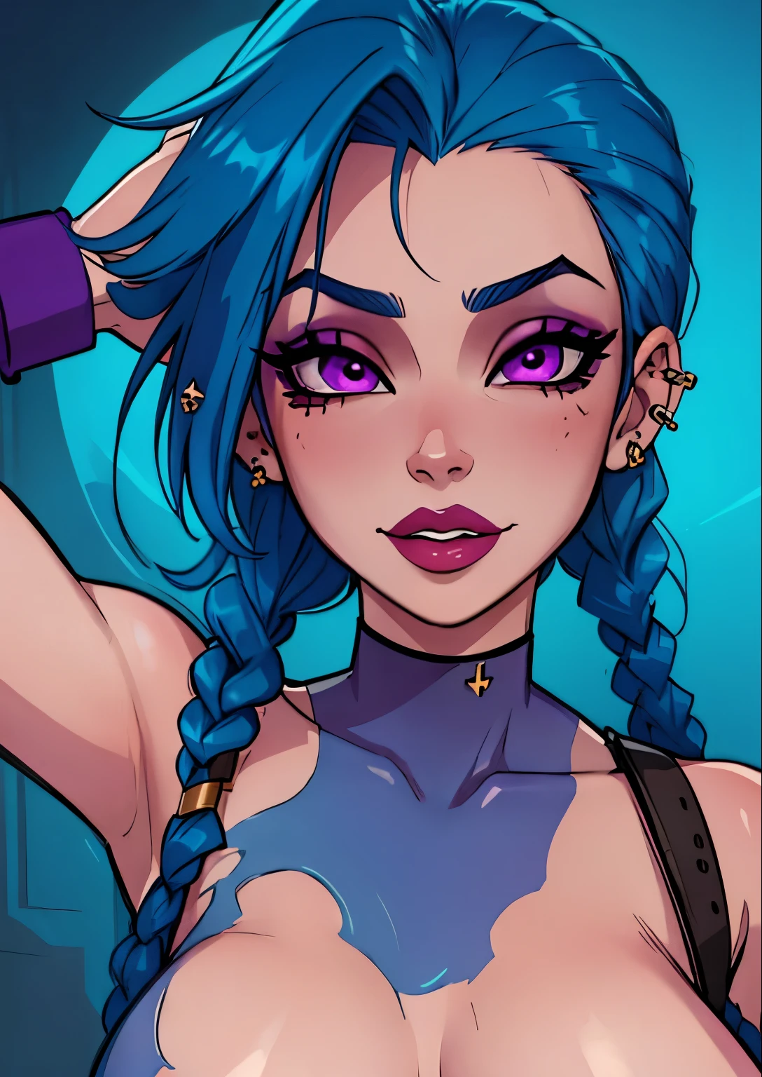 malsterpiece, best quality, 1female, beautiful, face portrait, deep makeup, lipstick, 1girl, blue hair, woman, braids, purple eyes, piercings, jinx