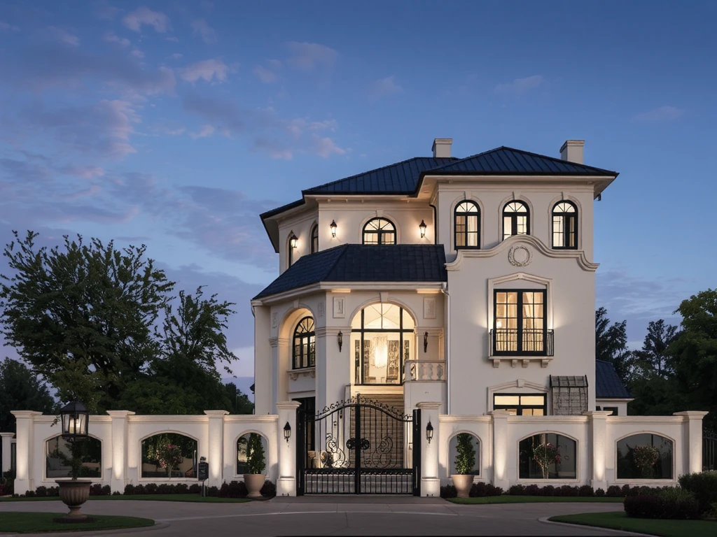 [Grand French Chateau-style Mansion, illuminated at twilight, exuding elegance and tranquility], [Architectural Visualization, Photorealistic rendering], [No specific artist reference needed, aiming for a style similar to high-end architectural firms' presentations], [Camera: Wide-angle lens, slightly elevated perspective to capture the entire façade. Lighting: Warm, ambient lighting from interior and strategically placed exterior lights, creating a soft glow. Colors: Predominantly off-white and beige exterior walls, contrasted by dark gray roof and black wrought iron fencing. Effects: Subtle depth of field, realistic shadows, and reflections on the glossy surfaces. Texture: Smooth stucco walls, detailed textures on the roof and ornate gate. Background: Lush, dark green trees and a hint of a twilight sky. Rendering: High-resolution, with meticulous detail in the architectural elements.], ambient light at dusk dissolves morning and evening, (architectural design visualization), (chao vantage software visualization render),((reality environment),8k uhd, dslr, soft lighting, film grain, Fujifilm XT3, {Best Quality|Masterpiece|best illustration|Photorealism archdaily|award winning design|photorealistic|extreme detail|Stunning|photographic render|High-fidelity|vray render|Eye-catching|Sharp edge render},