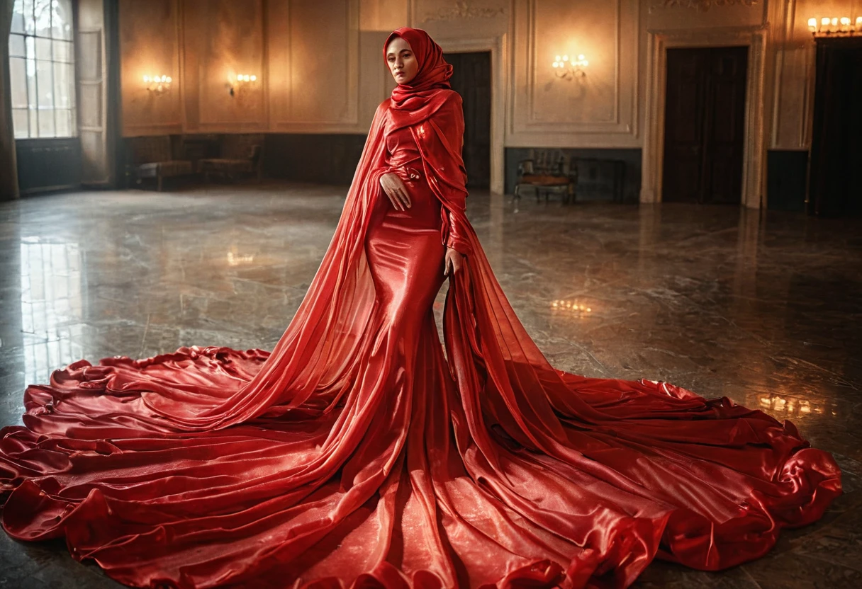 woman shrouded in a 10-meter-long, plush semi transparent red satin shimmer cloth, tightly bound and grandly draping along the form of her body, flowing off into a pooled floor-length train, styled in a mermaid-inspired outfit, her head modestly veiled in a satin hijab,walk in, a full-body pose conveying a sense of mysterious elegance, captured in a 4k resolution, ultra-realistic, (best quality,4k,8k,highres,masterpiece:1.2),ultra-detailed,(realistic,photorealistic,photo-realistic:1.37),HDR,UHD,studio lighting,ultra-fine painting,sharp focus,physically-based rendering,extreme detail description,professional,vivid colors,bokeh,portraits,fantasy,cinematic lighting
