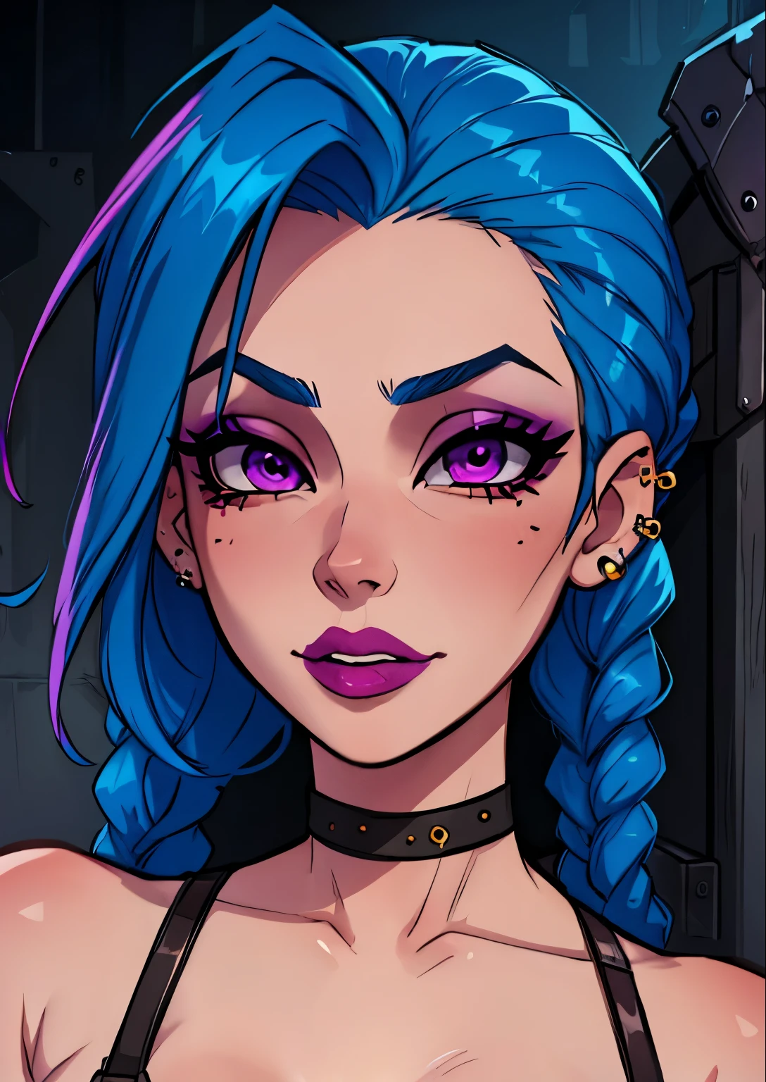 malsterpiece, best quality, 1female, beautiful, face portrait, deep makeup, lipstick, 1girl, blue hair, woman, braids, purple eyes, piercings, jinx