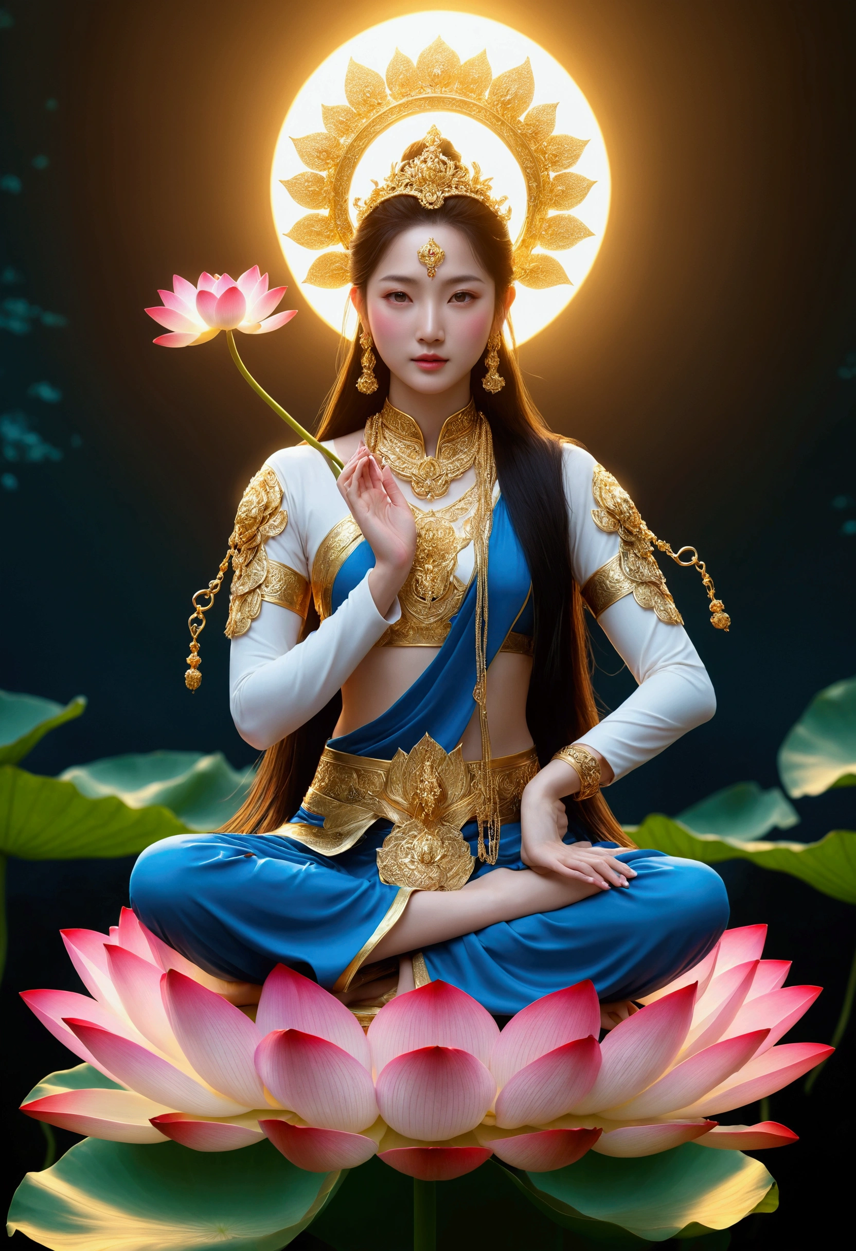 masterpiece, ultra high resolution, A beautiful goddess holding a lotus flower ,Keep your hands outward ，Elegant handprints， open your eyes ，Look at the audience,crown,Jewelry璎珞挂满身体，choker necklace,Yingluo,Jewelry,White clothes,There is a circular light in the background of the head,Blue sky,  flat background , clean picture , pure blue sky,Very high detail,Perfect goddess, golden light shines above her head ,Light Solutionalestic, professional photography ， ultra high resolution，  best quality ， Light Solution， 8K， （Realism： 1.2）， Satisfied Female Bodhisattva （Halo：1.2），Gold headdress，，masterpiece， best quality ， intricate detail ，背景中的灯Halo境，crystal，Future Gate，3D light ，k hd，magic， God of Light ， Detailed Specifications，Depth of Field，Soft lighting，Tone Mapping，high，Concept Art，Smoothness，Clarify the focus，  dramatic lighting  ，high详细的艺术，cinematic ligh，8K，（ very detailed background ：1.2）  Woman sitting on a lotus flower holding a lotus flower in her hand, （（ pink lotus ）），