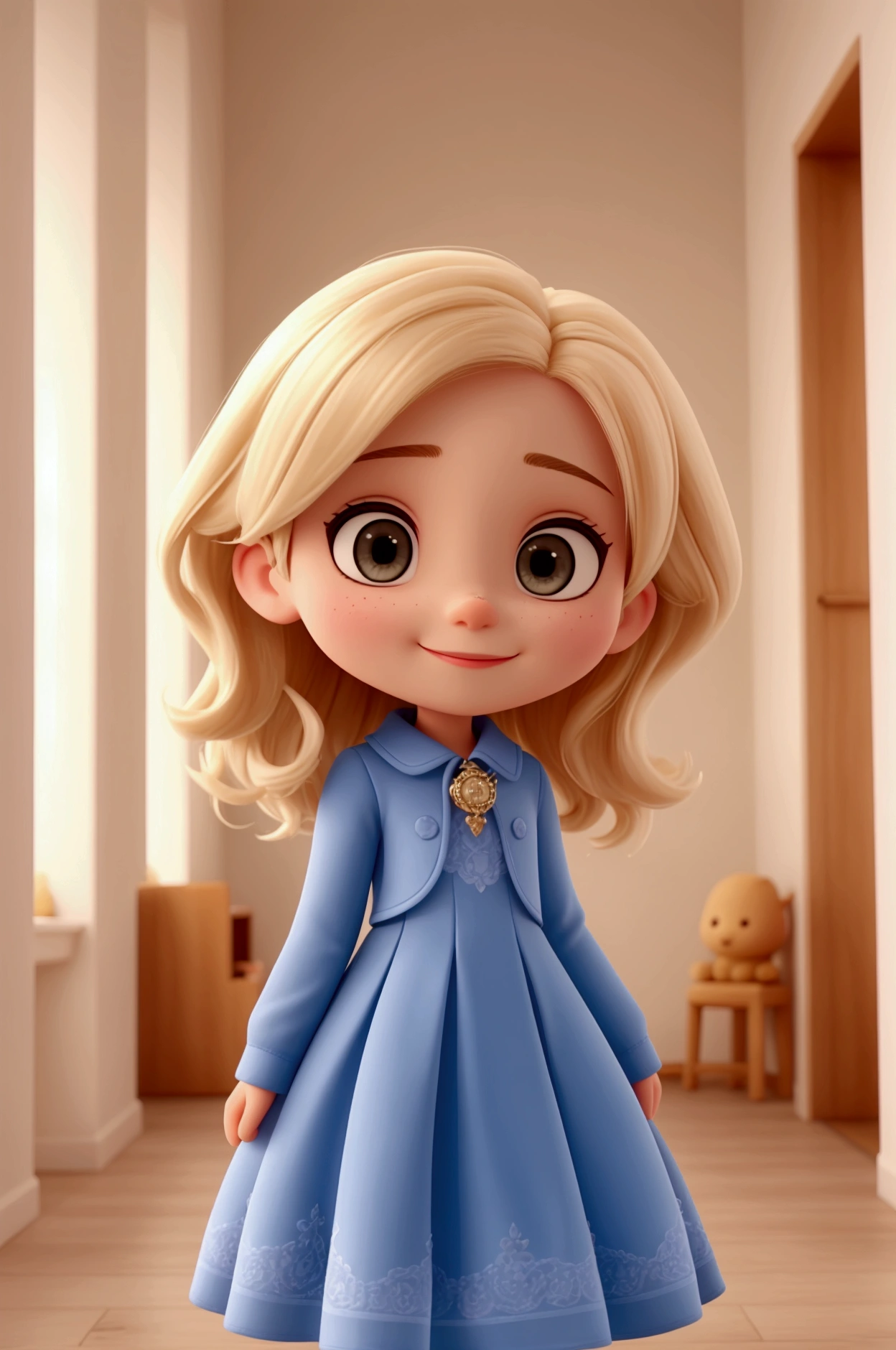 a happy cute girl baby ??? sitting, short little and blond hair, Brown eyes, vestindo um vestido azul claro, , fundo branco, barnet, toon, estilo pixar, 3d, desenhos animados, rosto detalhado, asymmetrical 16k