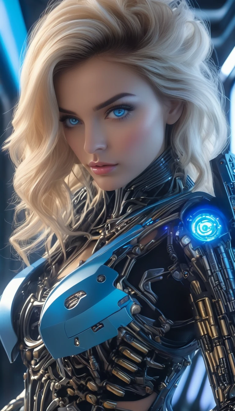 (Best Quality, 4K, 8k,   High Resolution  , masterpiece: 1.2), (   very detailed, Realistic, Realistic:1.37),  WOMAN'S FUTURISTIC OUTFIT ,    WOMAN EXO SKELETON IN CYBER ARMOR, WOMAN'S BODYCON ARMOR    、((   SHE HAS A PLASMA GUN IN HAND   )), Full body images, Maximum details,    Superior quality through accurate drawings, 8k,Chest, blue eyes,   High Resolution  , 超  High Resolution  , Best Quality,   shortcuts, Big Chest,  Cinematic lighting effects  , Beautiful blonde woman, blue eyes,  Women in Cyber Style  , ((Advanced spacecraft interior)), High quality images、  Black Hair  ,   shortcuts,