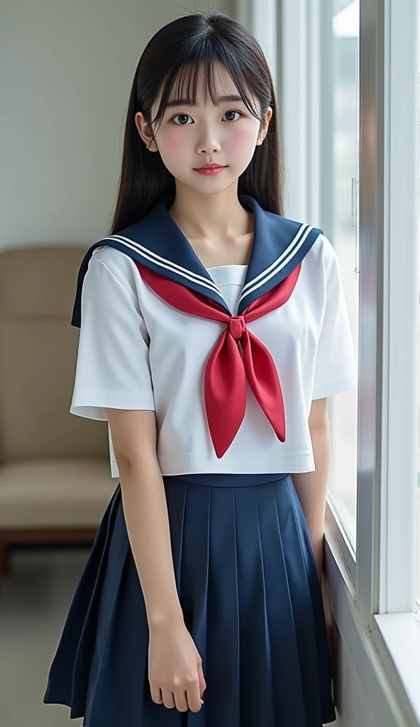 (masterpiece, Best Quality:1.2), 1 girl, , Alone,  sailor suit , Cute expression, Detailed uniform, Sailor collar,  pleated skirt ,  anime style, Vibrant colors, Soft lighting, Realistic, Cinematic composition, Intricate details,  High Resolution ,  Digital Art 