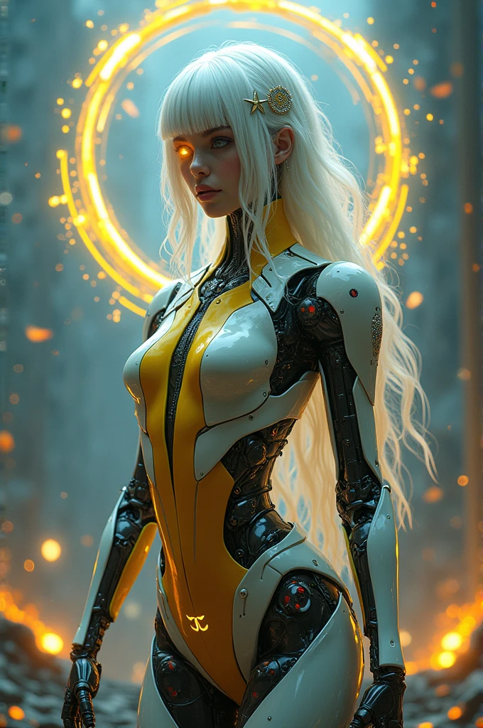 complex 3d render ultra detailed of a beautiful porcelain profile girl latina face, angel, robotic parts, 150 mm, beautiful studio soft light, rim light, vibrant details, luxurious cyberpunk, lace, ((glowing fire eyes:1.5)), hyperrealistic, anatomical, facial muscles, cable electric wires, microchip, elegant, beautiful background, octane render, H. R. Giger style, 8k, best quality, masterpiece, illustration, an extremely delicate and beautiful, extremely detailed ,CG ,unity ,wallpaper, (realistic, photo-realistic:1.37),Amazing, finely detail, masterpiece,best quality,official art, extremely detailed CG unity 8k wallpaper, absurdres, incredibly absurdres, robot, silver halmet, full body
