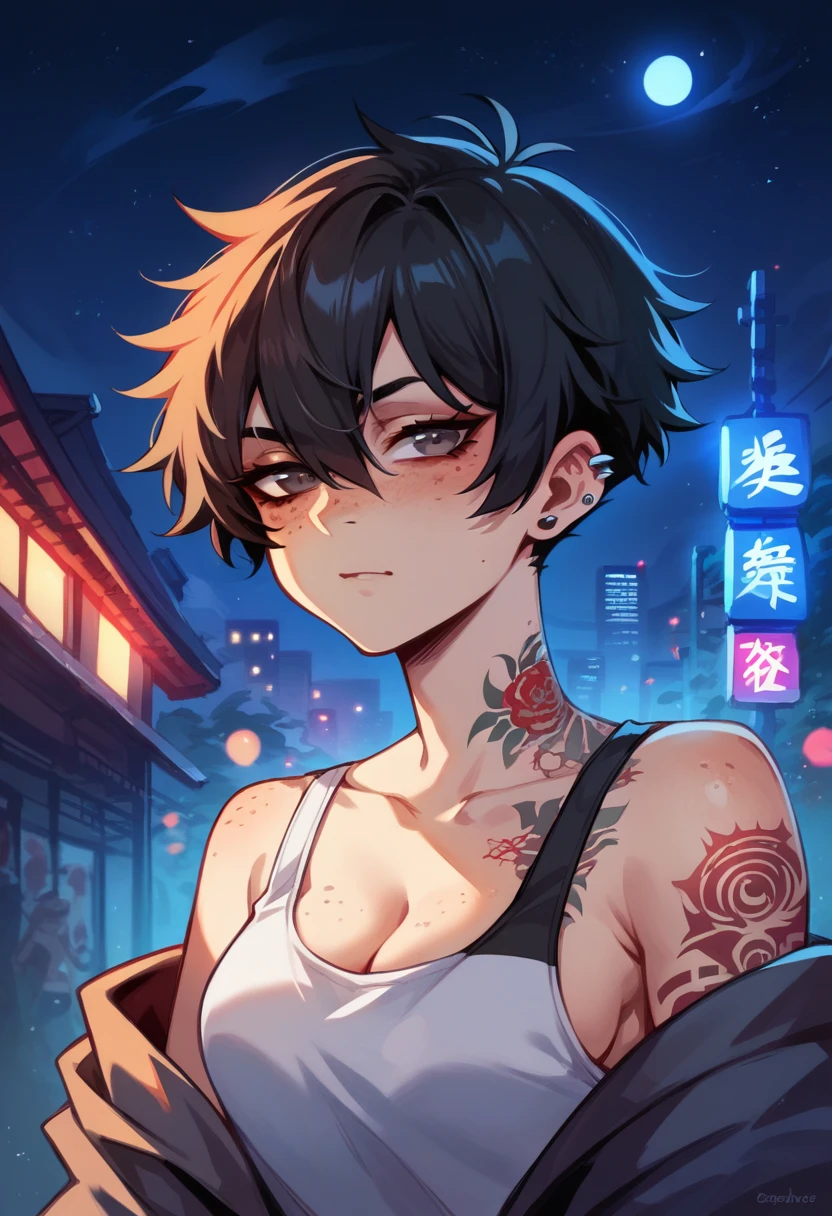 young boy, short black hair, closed eyes, white tattoos on the face, Daredevil, Masterpiece, high qulity