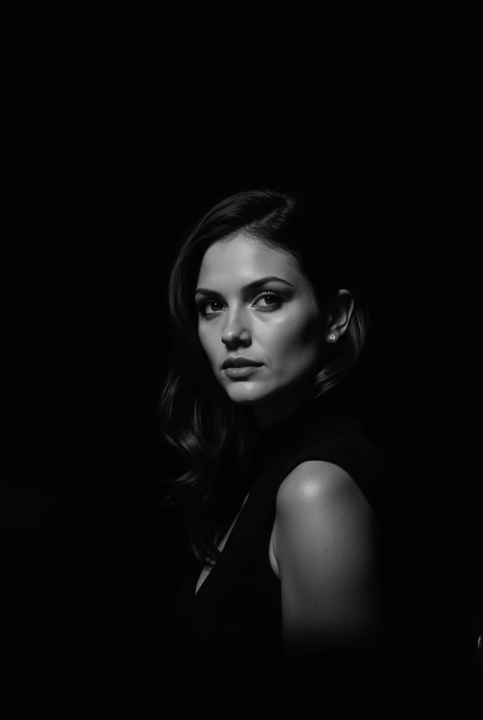 Black and white portrait of Mila Kunis, dark background, shadow play, soft lighting, cinematic style --ar 9:16 --v 6.1