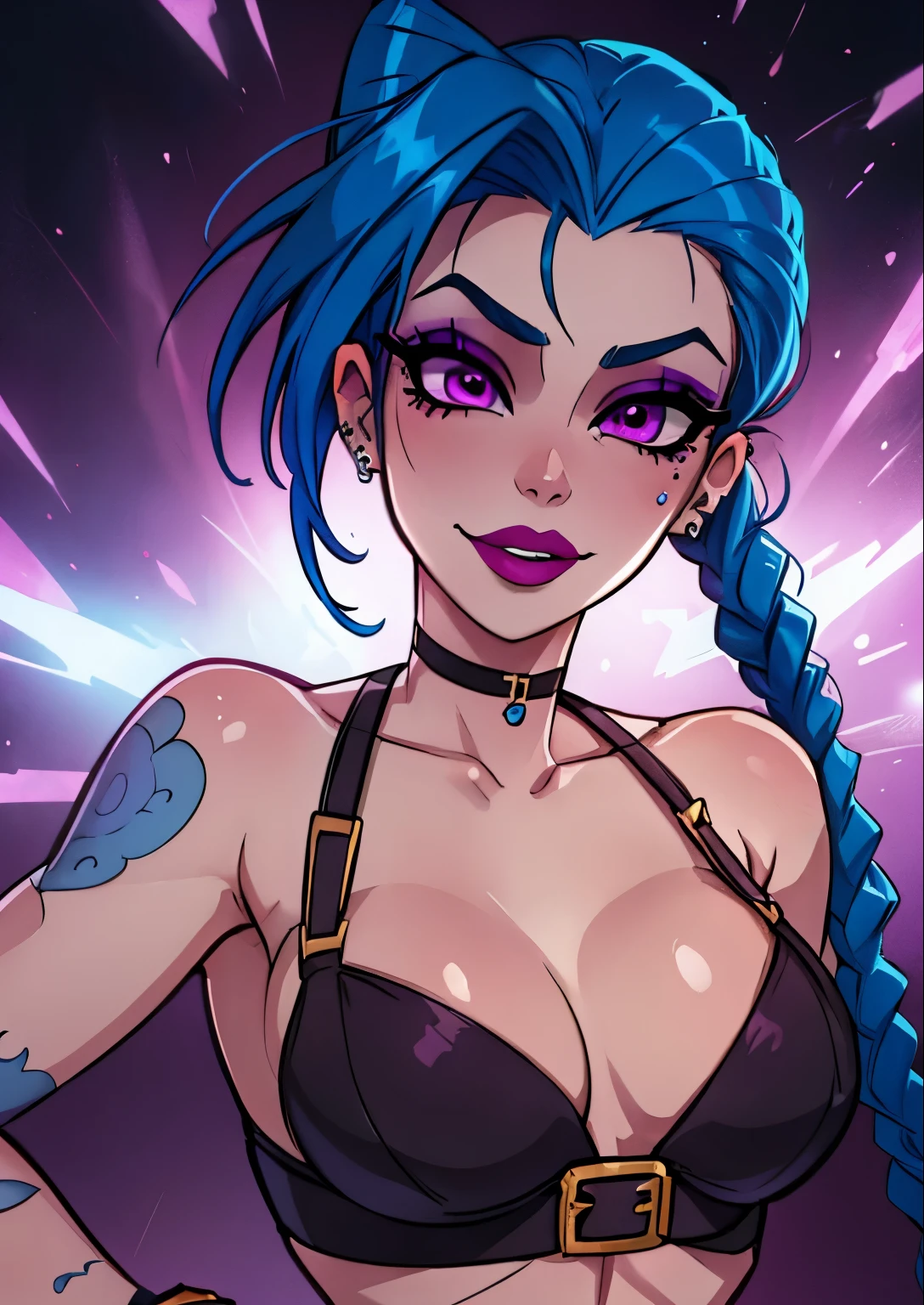 malsterpiece, best quality, 1female, beautiful, face portrait, deep makeup, lipstick, 1girl, blue hair, woman, braids, purple eyes, piercings, jinx